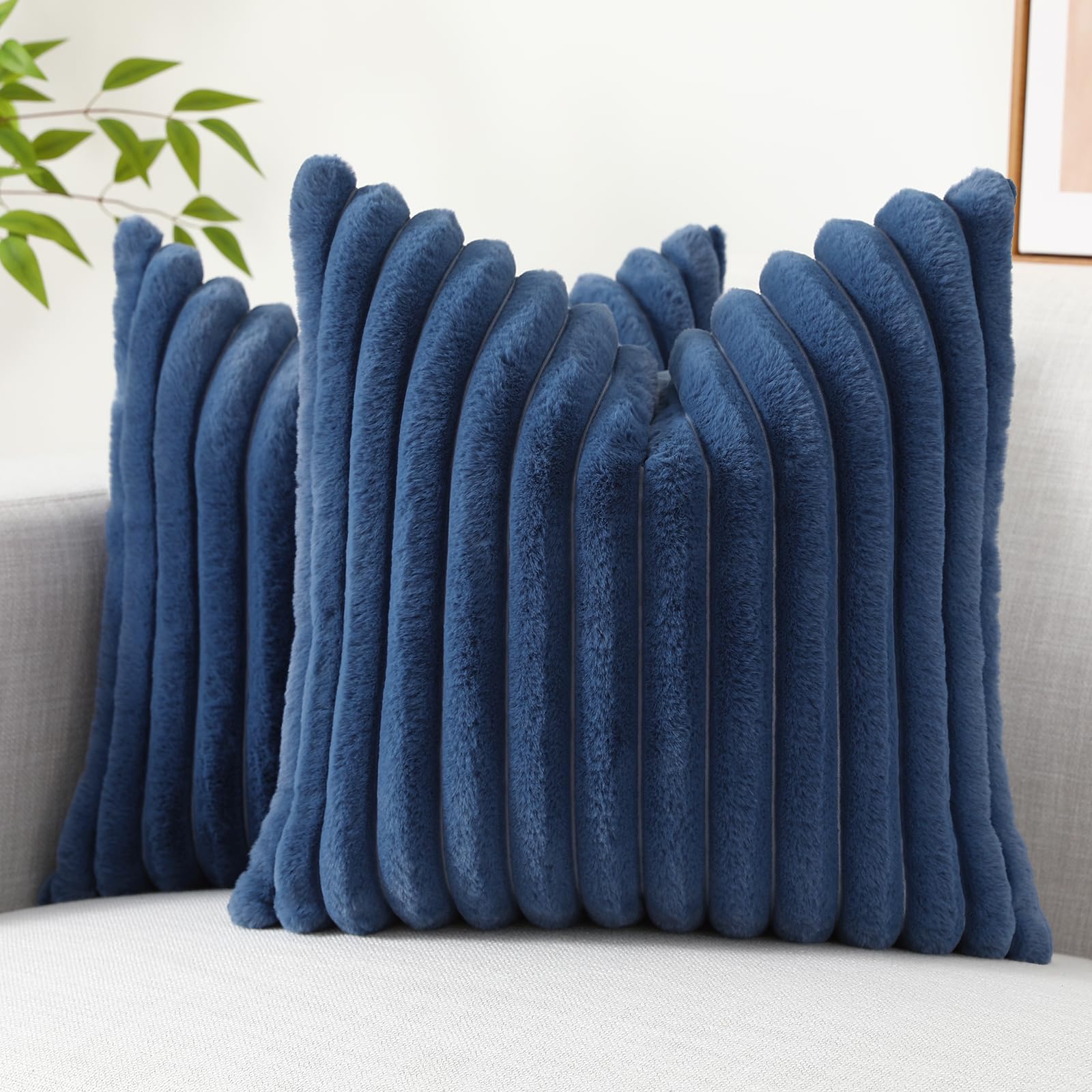 Decoruhome Faux Fur Throw Pillow Covers 16X16 Set Of 2, Decorative Soft Plush Striped Couch Pillow Covers With Velvet Back For Sofa, Bed, Living Room, Blue
