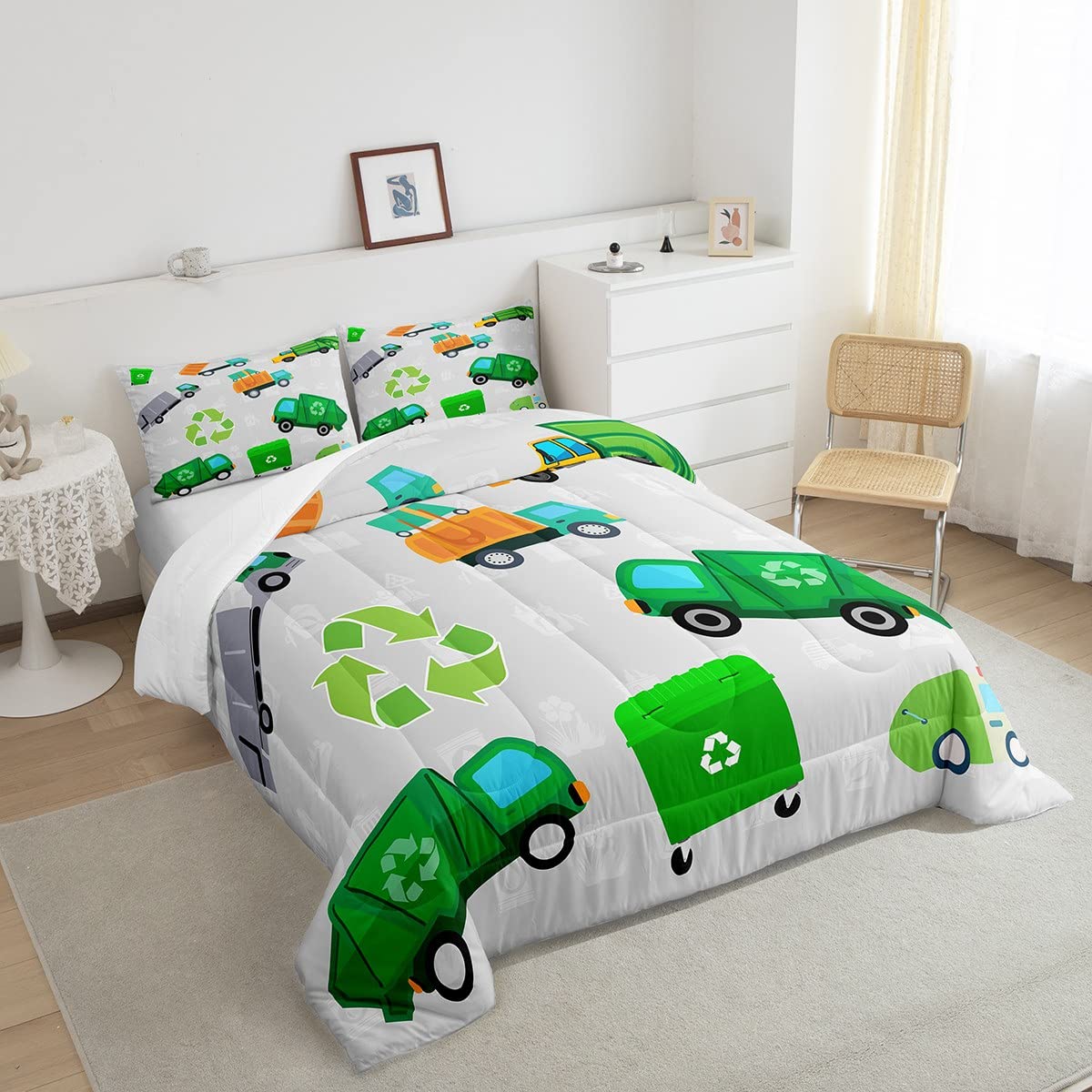 Feelyou Green Garbage Truck Twin Size Bedding Set Cartoon Trash Truck Comforter Set For Kids Boys Girls Teens Green Vehicle Car