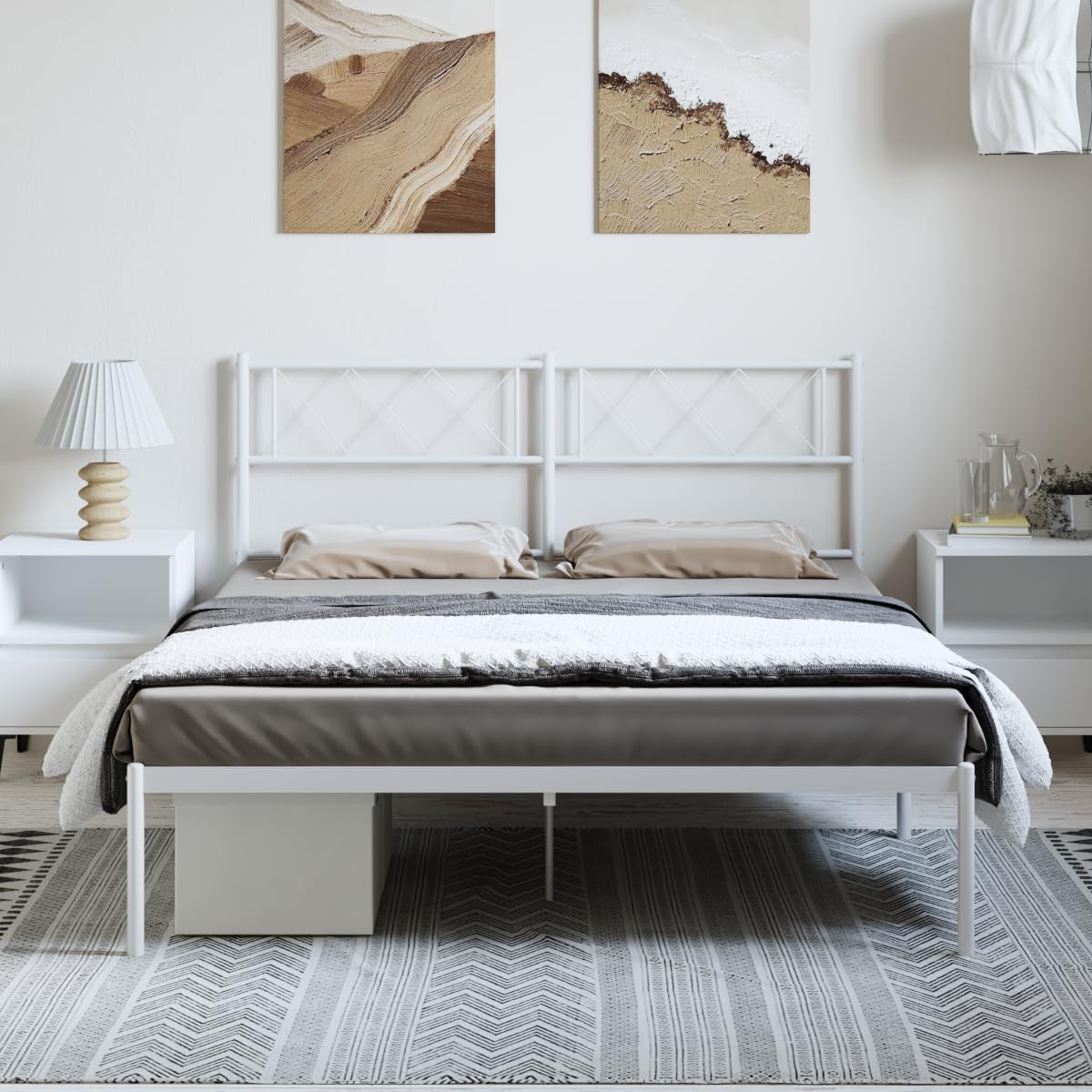 vidaXL 12'' Metal Full Bed Frames with Headboard, Platform Bed Frame with Strong Metal Slats Support, Under Bed Storage, Noise Free, White, Without Mattress