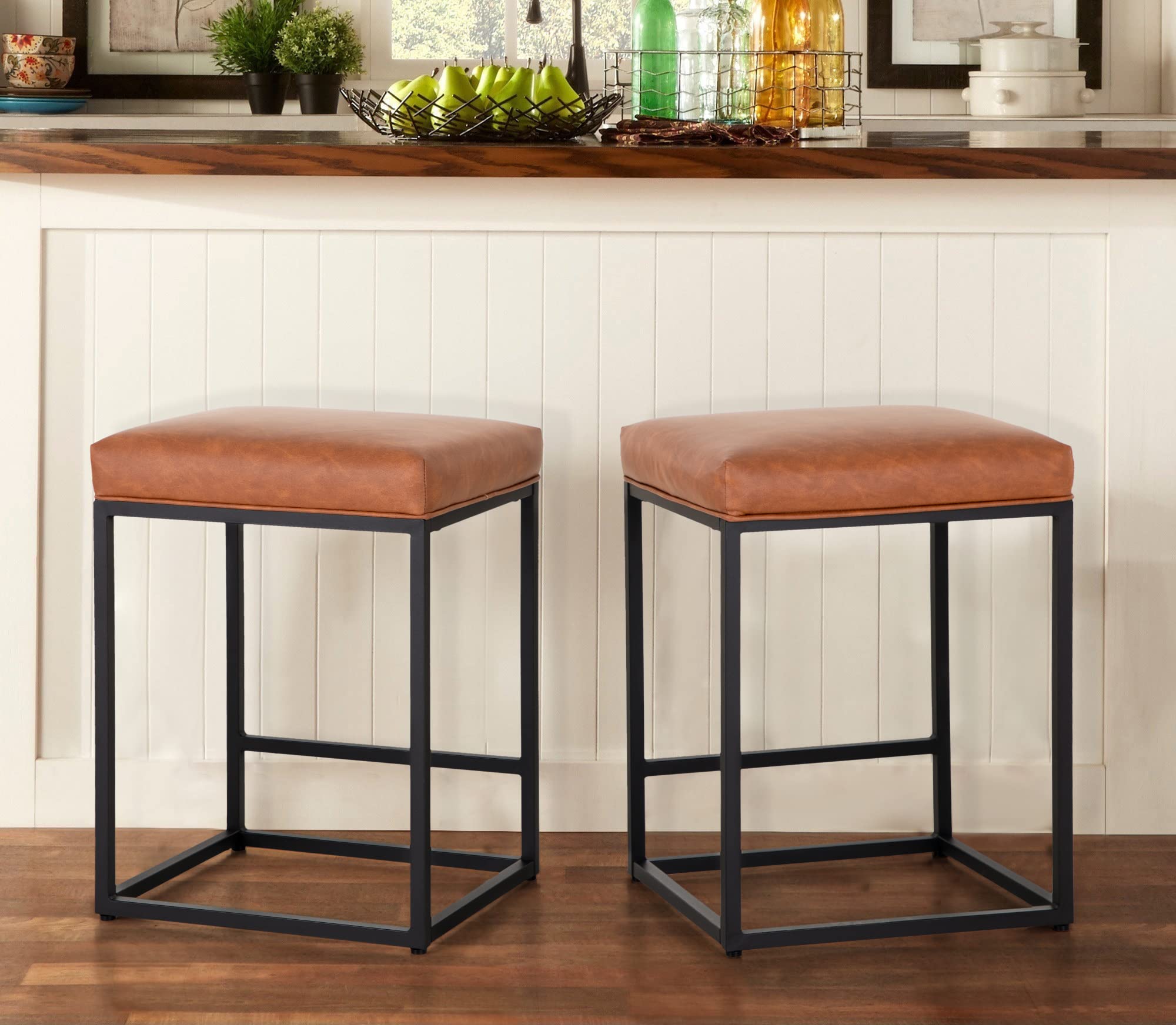 Maison Arts Counter Height 24' Bar Stools Set Of 2 For Kitchen Counter Backless Modern Barstools Industrial Upholstered Faux Leather Stools Farmhouse Island Chairs, (24 Inch, Brown)