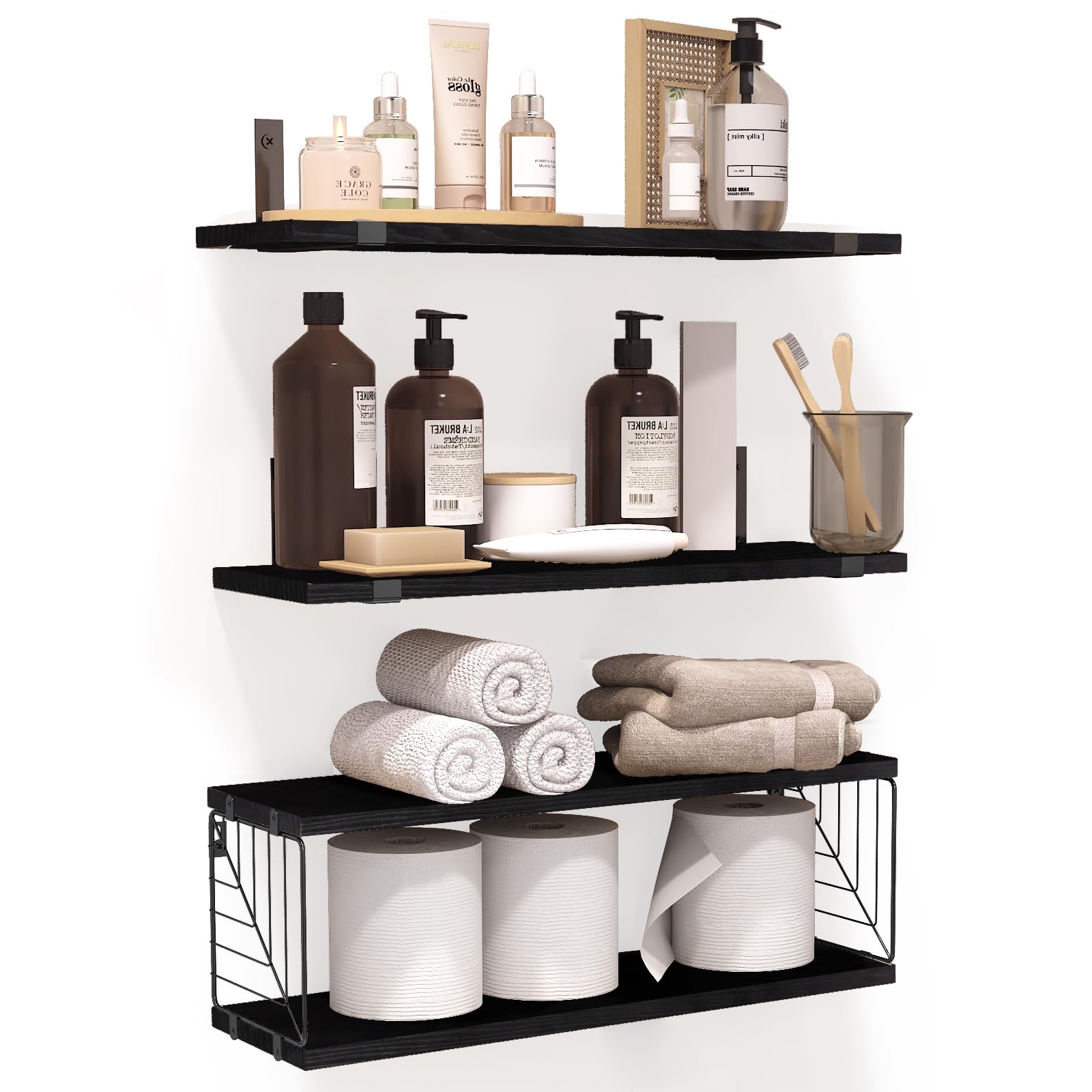 Fixwal 3+1 Tier Bathroom Floating Shelves Over Toilet, 15.8In Farmhouse Rustic Wood Shelves, Wall Decor For Bathroom, Living Room,Bedroom And Kitchen (Black)