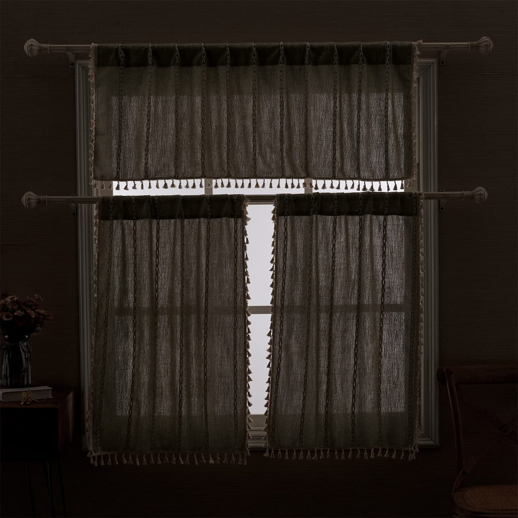 Roomtalks Sage Green Boho Kitchen Valances For Windows Rod Pocket 18’’L X 52’’W Spring Summer French Striped Modern Farmhouse Chic Tassel Curtain Valances For Bathroom Living Room