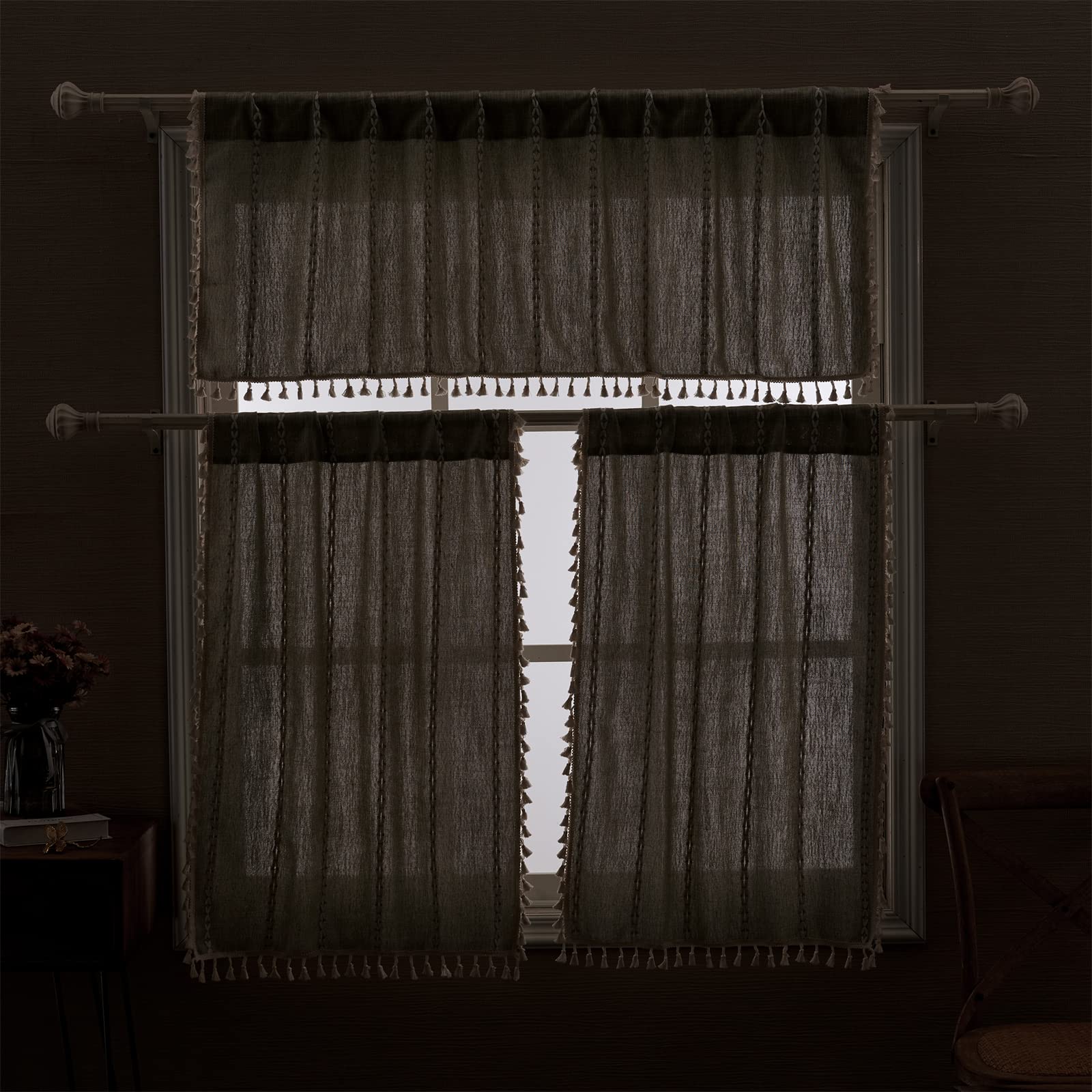 Roomtalks Sage Green Boho Kitchen Valances For Windows Rod Pocket 18’’L X 52’’W Spring Summer French Striped Modern Farmhouse Chic Tassel Curtain Valances For Bathroom Living Room