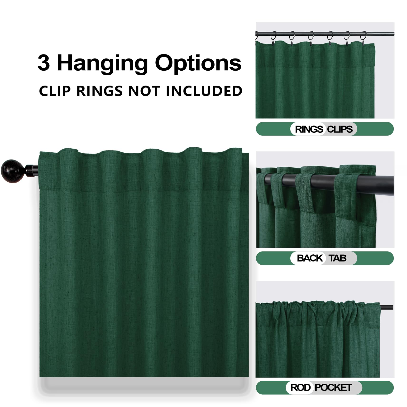 Mrs.Naturall Dark Emerald Green Sheer Curtains,Linen Forest Green Living Room Curtains 63 Inch Length Cortinas Verdes Para Sala
