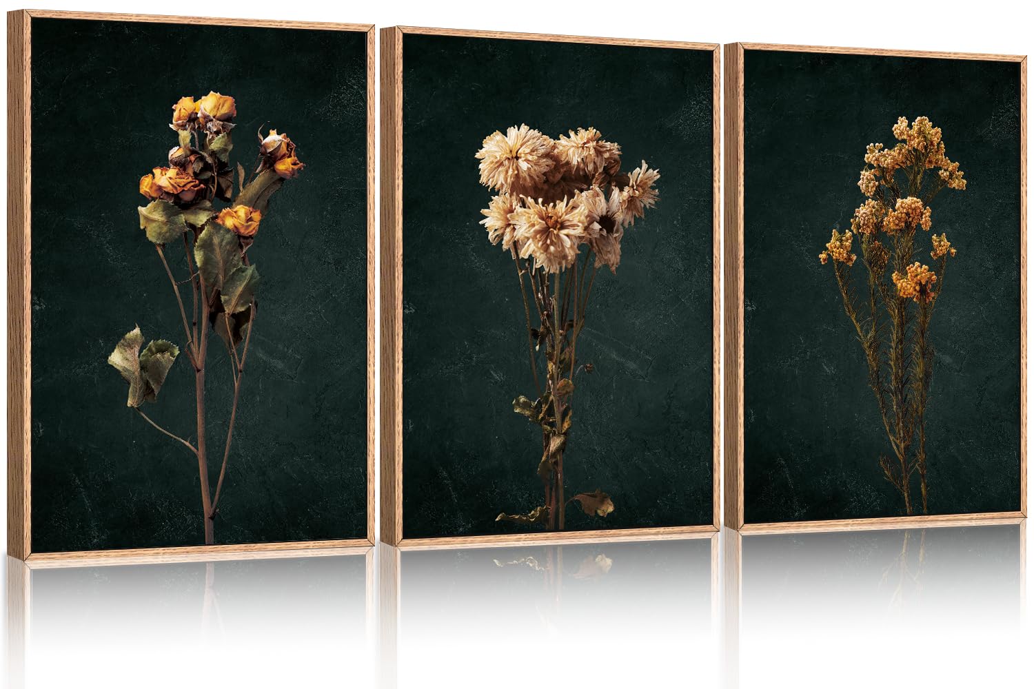 HOURIA Moody Dark Floral Framed Canvas Wall Art Set,Minimalist Botanical Wildflowers Wall Decor,Vintage Black Flower Wall Painti