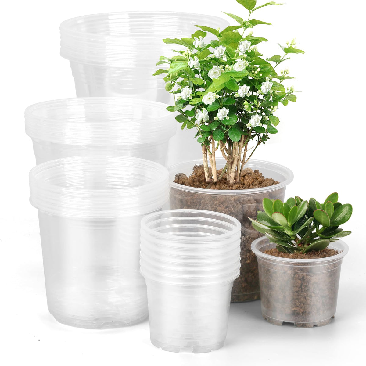 Oupsaui 4/5/6/7 Inch Clear Nursery Pots With Drainage Holes, 28 Pack Nursery Pots Variety Pack, Durable Transparent Plastic Pots