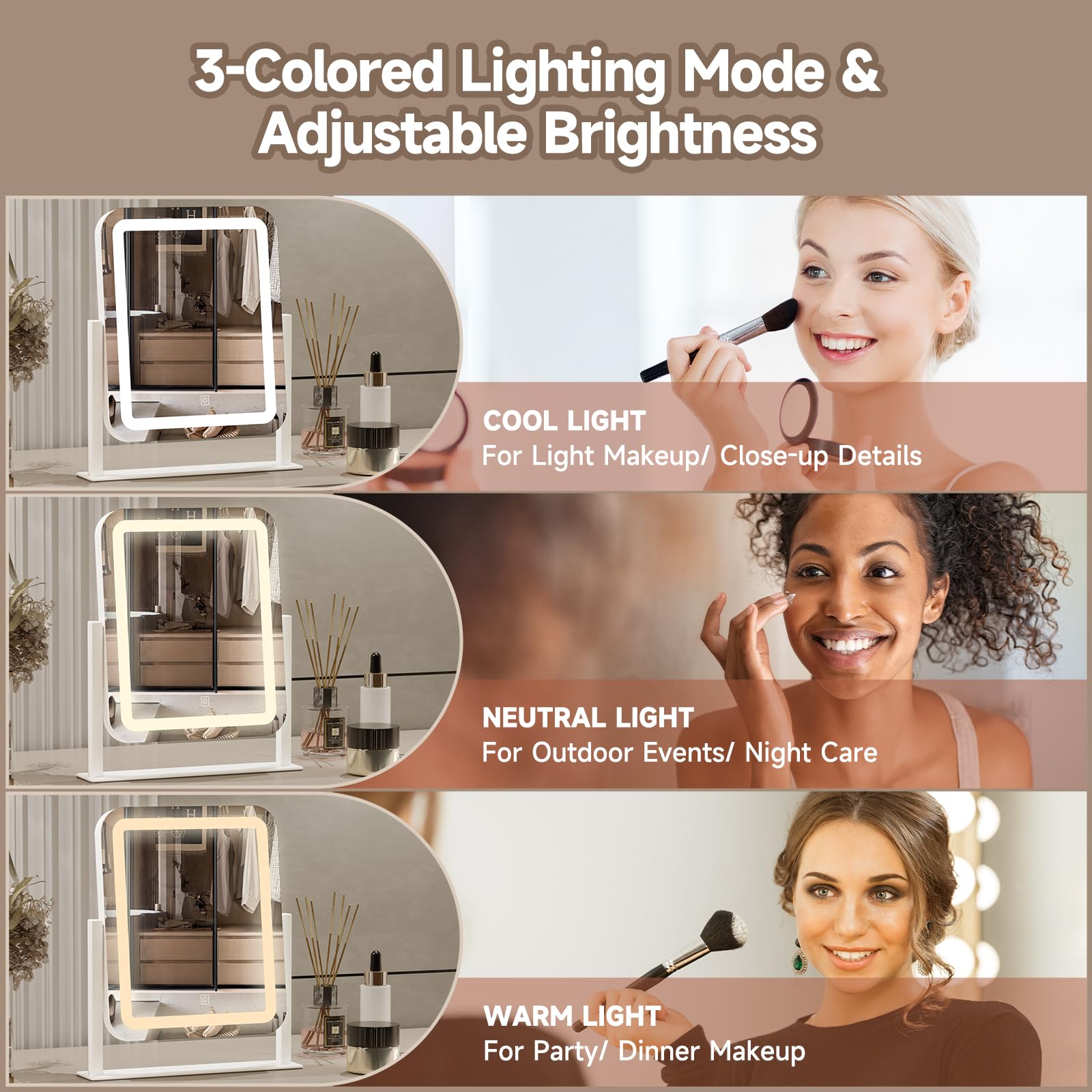 Primetek Vanity Mirror With Lights, 16X14 Inch Led Lighted Makeup Mirror, Large Makeup Mirror With Lights, Touch Screen, 3-Color