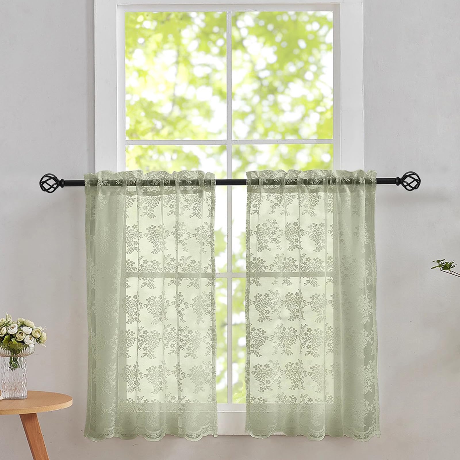 Sage Green Kitchen Curtains 36 inch Length 2 Panels Spring Lace Curtains Short Light Filtering Privacy Cafe Curtains Rv Curtains