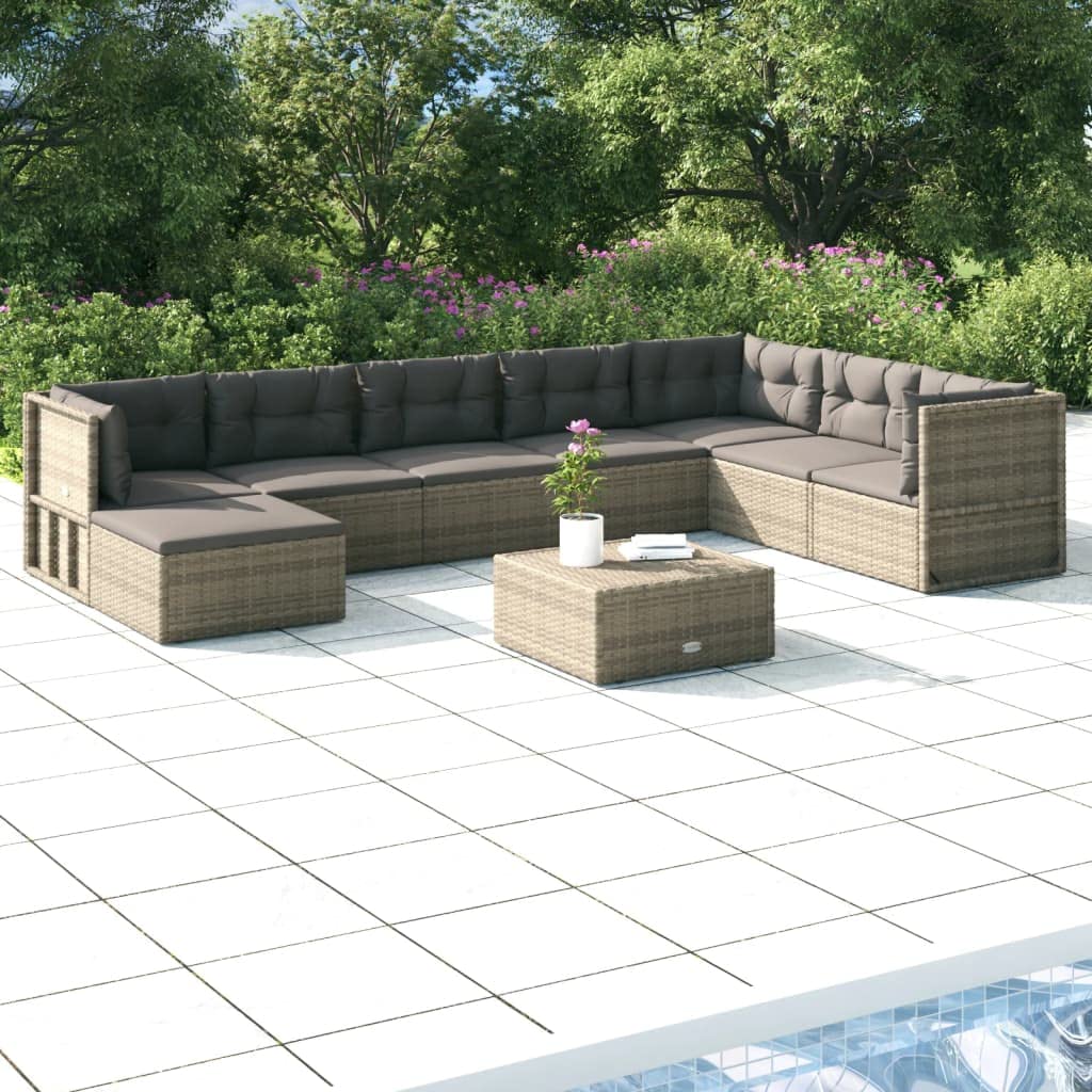 vidaXL 9 Piece Patio Lounge Set with Cushions Gray Poly Rattan