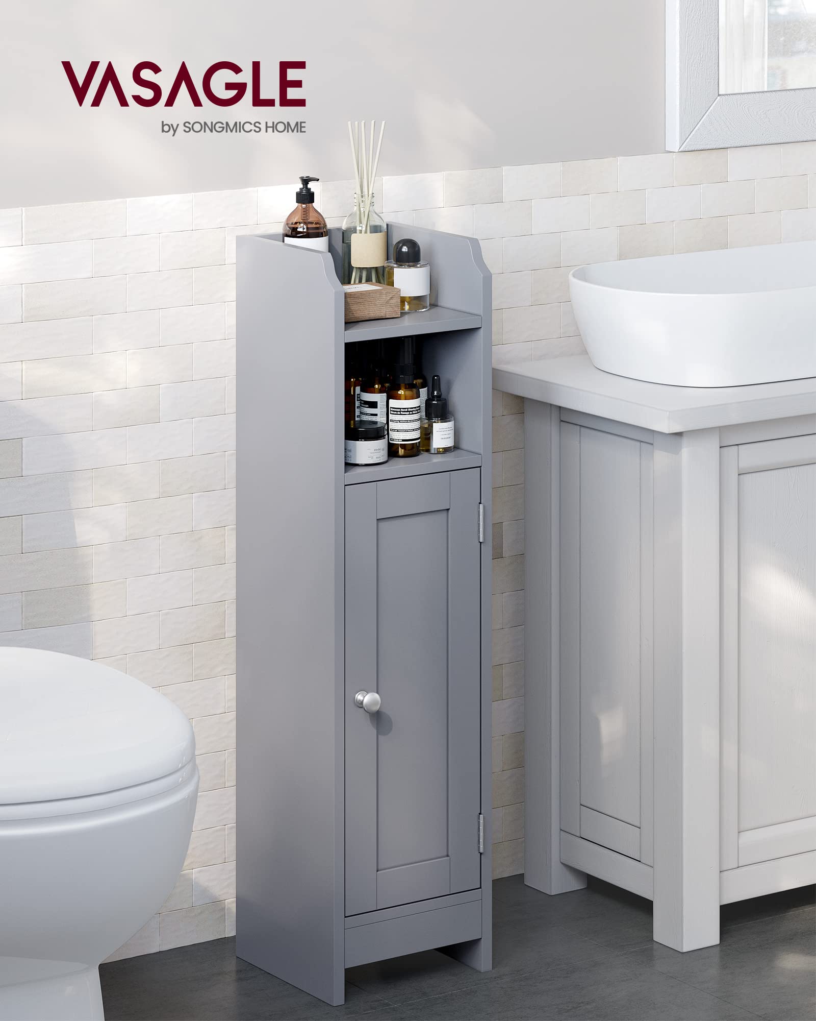 Vasagle Small Bathroom Storage Corner Floor Cabinet With Door And Shelves, Bathroom Storage Organizer, Narrow Bathroom Toilet Paper Storage Cabinet, Adjustable Shelves, Mystic Gray Ubbc310P36