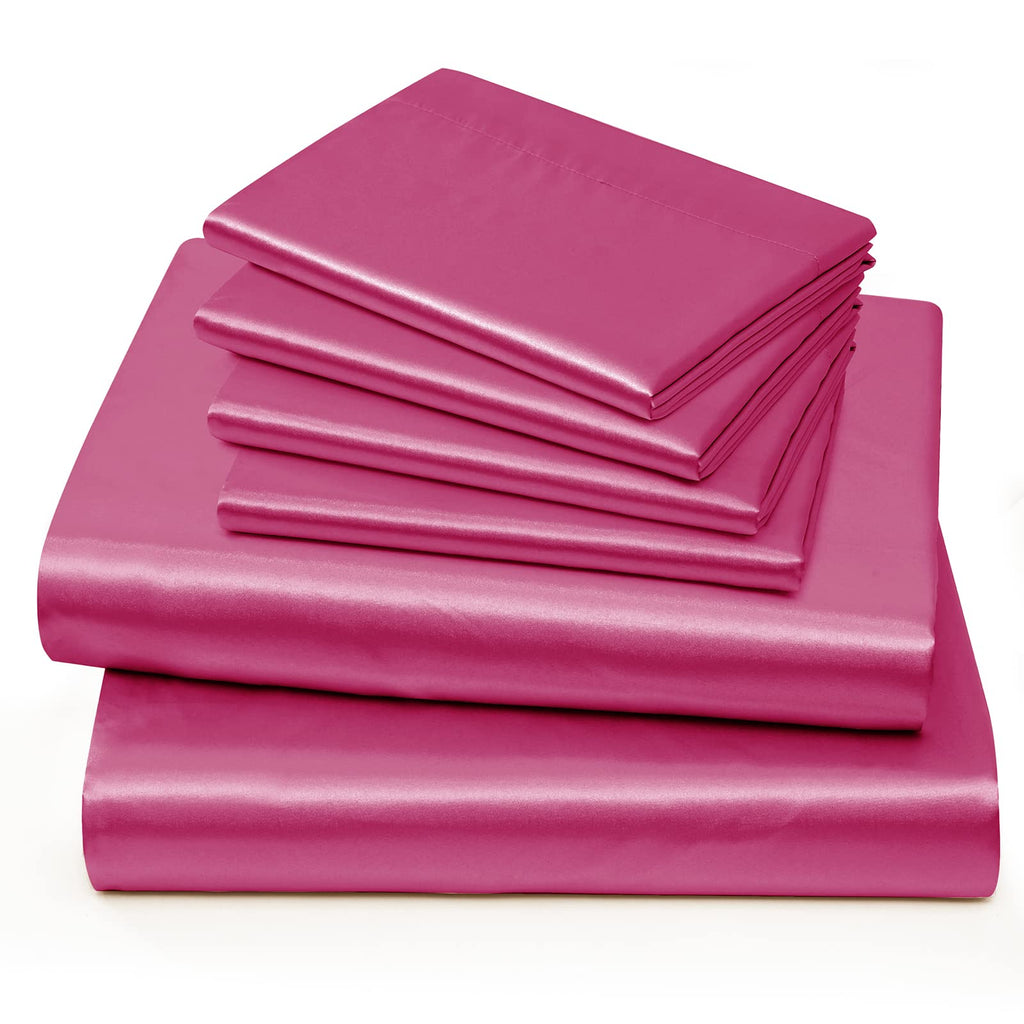 Horbaunal 6 Piece Satin Sheet Set Queen Size Luxury Silky & Soft Hot Pink Satin Queen Bed Sheet Set With 16'' Deep Pocket, 1 Fit