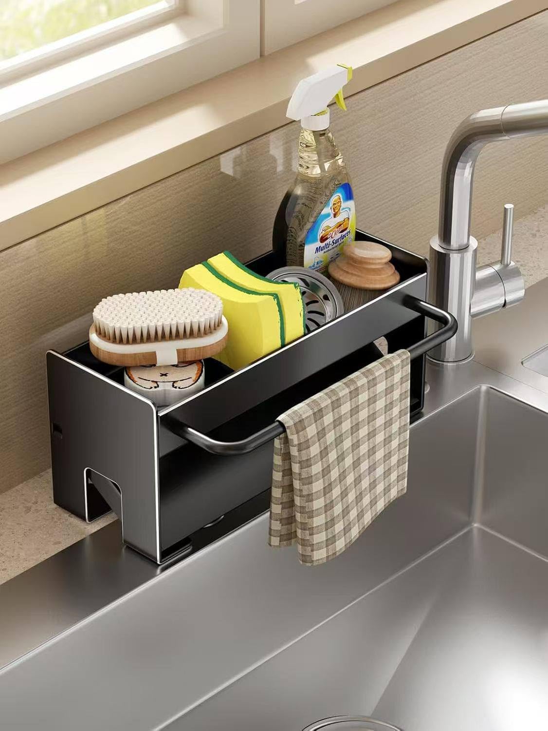 SUNNIFA Stainless Steel Over Sink Sponge Holder Rack | Sink Caddy Organizer for Kitchen | Rustproof Soap Holder with Drainage |