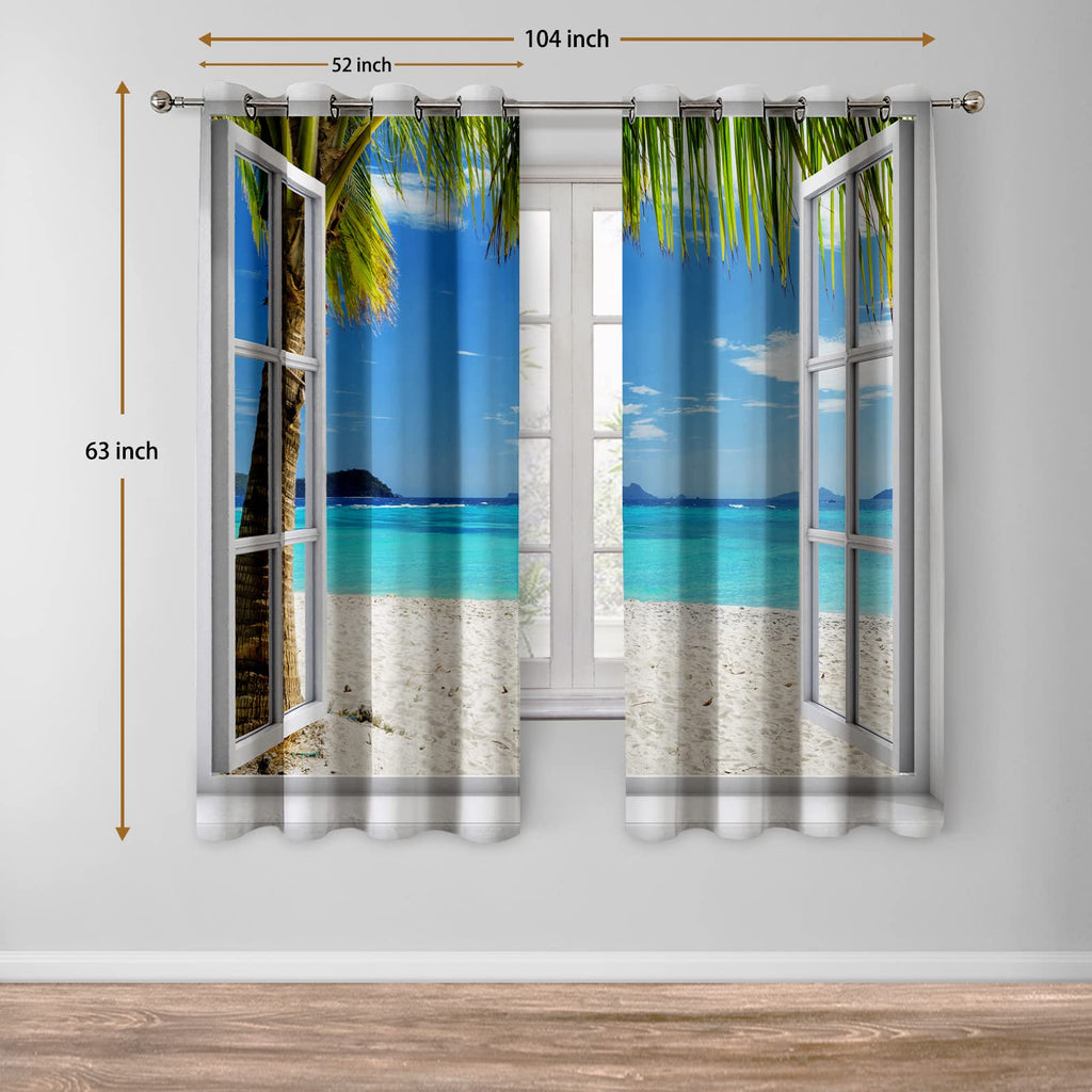 Jekeno Ocean Beach Palm Trees Blackout Curtains Summer Tropical Island Decor For Bedroom Living Room Seaside White Wooden Window