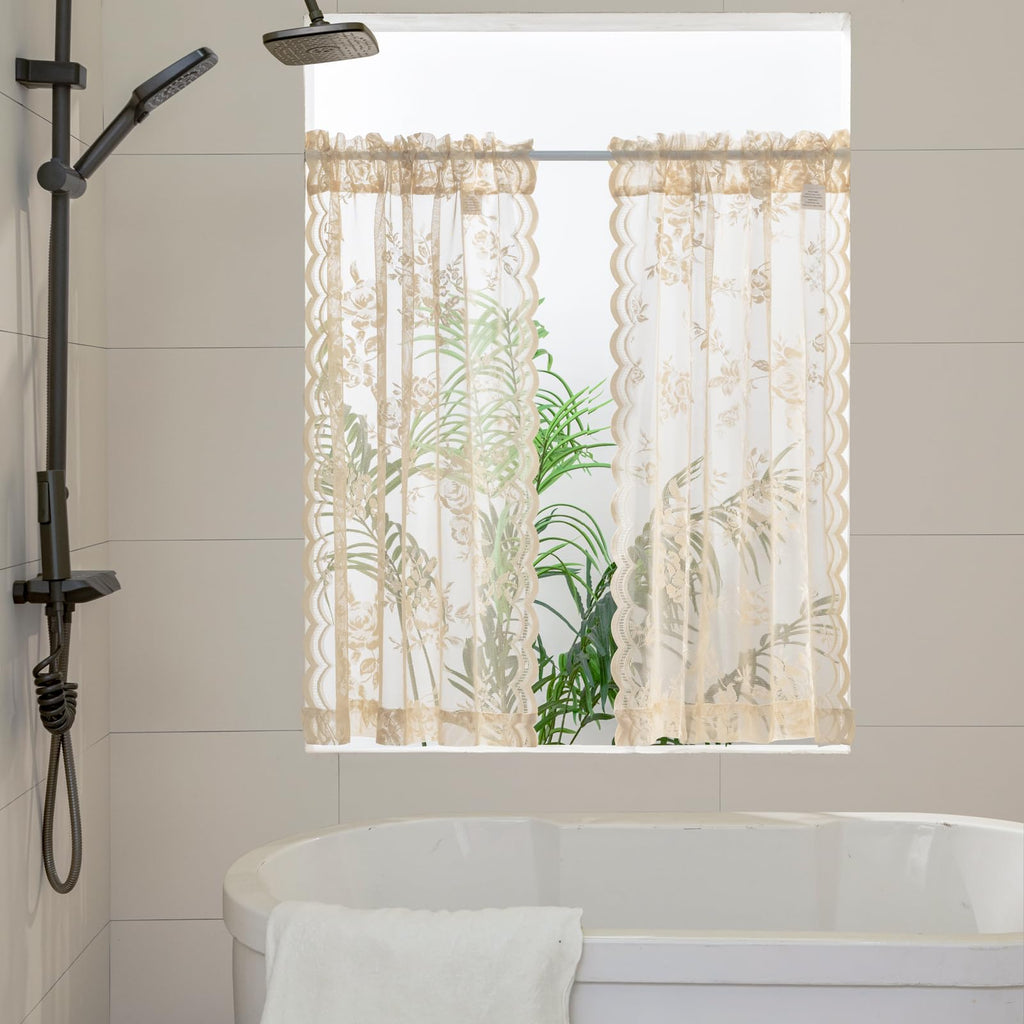 Seekright Beige Lace Cafe Curtains 36 Inch Length Rod Pocket Privacy Sheer Short Kitchen Curtains 2 Panels Set Light Filtering B