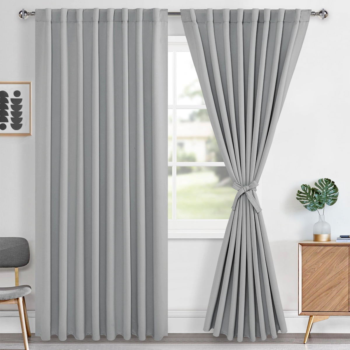 Hiasan Sliver Grey Blackout Curtains 2 Panels For Bedroom, Back Tab & Rod Pocket Curtains 96 Inch Long Sewn With Tiebacks, Room