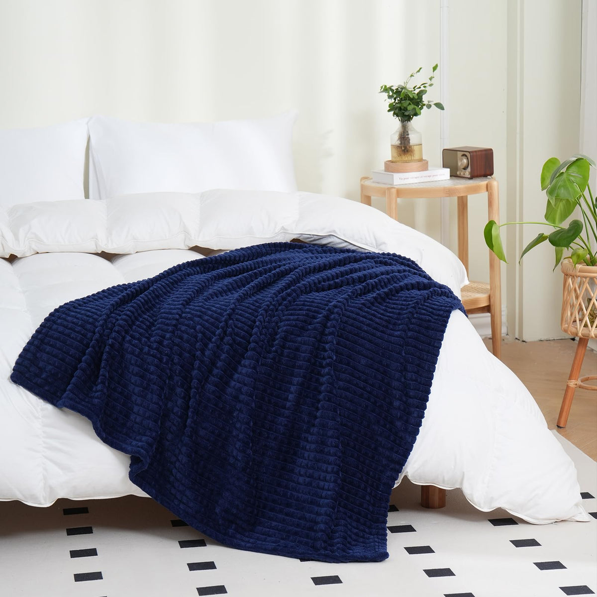Puncuntex Flannel Fleece Throw Blanket Dark Navy Blue 60''  80'',Super Soft Plush Cozy Blanket With Square Grid Design Luxury Fo