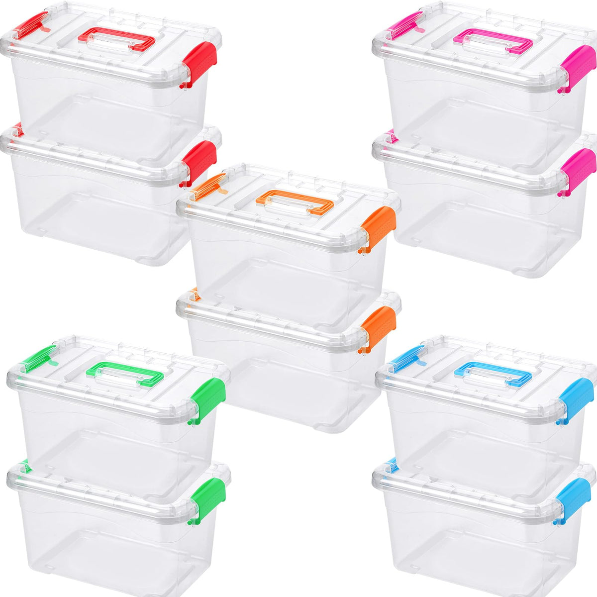 Suzile 10 Packs 7.5 Qt Toy Handle Storage Bins with Lids Clear Plastic Bins 5 Colors Handle Stackable Storage Containers with La