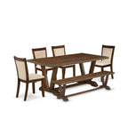East West Furniture V777Mzn32-6 6 Piece Dining Set Contains A Rectangle Dining Room Table With V-Legs And 4 Light Beige Linen Fabric Parson Chairs With A Bench, 40X72 Inch, Multi-Color