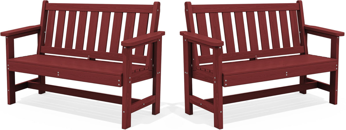 Serwall Outdoor Bench, Hdpe Outdoor Benches Weatherproof, 2-Person Garden Bench With 660 Lbs Weight Capacity, Patio Benches For Outdoors, Garden, Porch, Backyard And Park, Red, 2 Pack