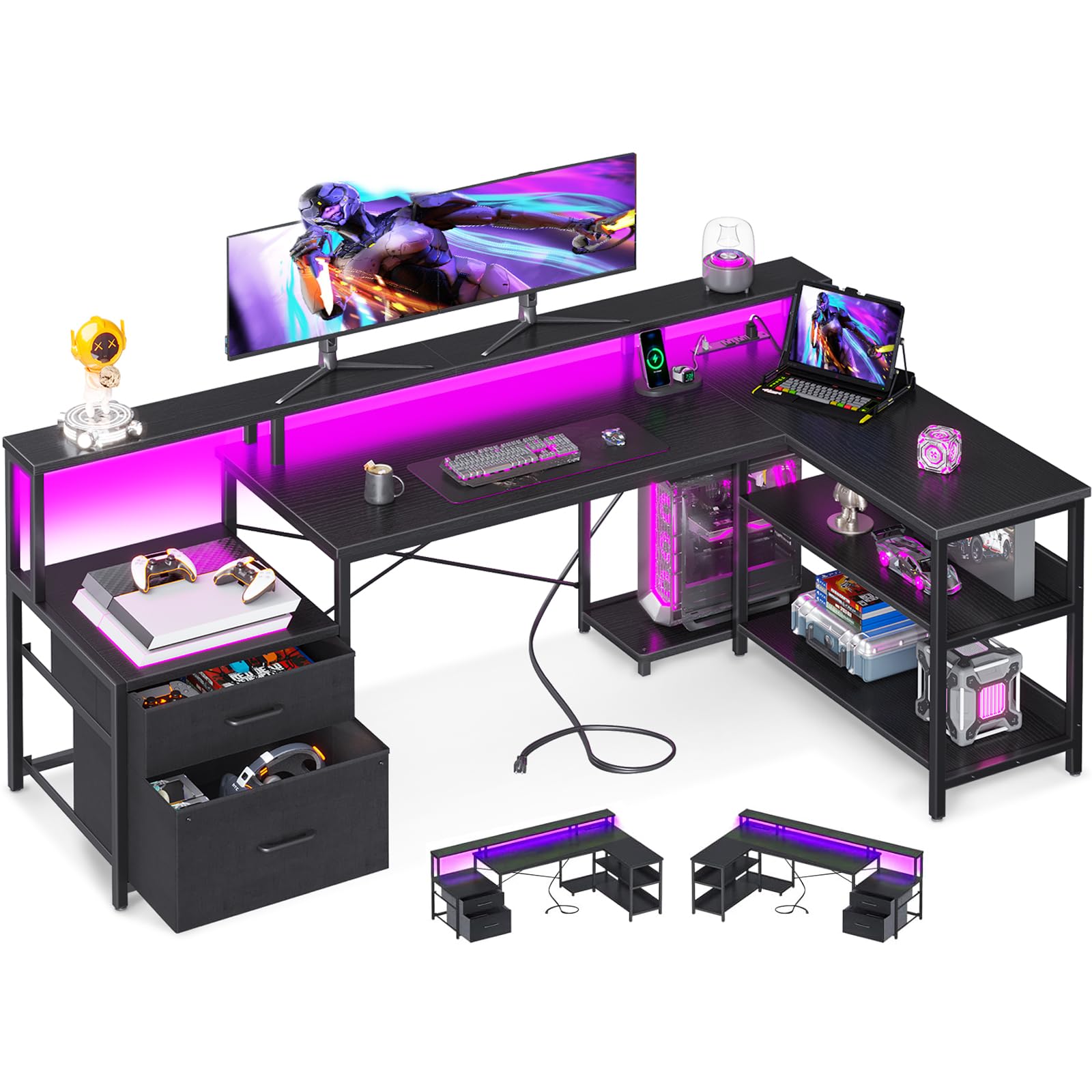 Odk L Shaped Desk With File Drawer, 66' Reversible L Shaped Computer Desk With Power Outlet & Led Strip, Home Office Desk With Storage Shelves, Gaming Desk With Monitor Shelf, Corner Desk, Black