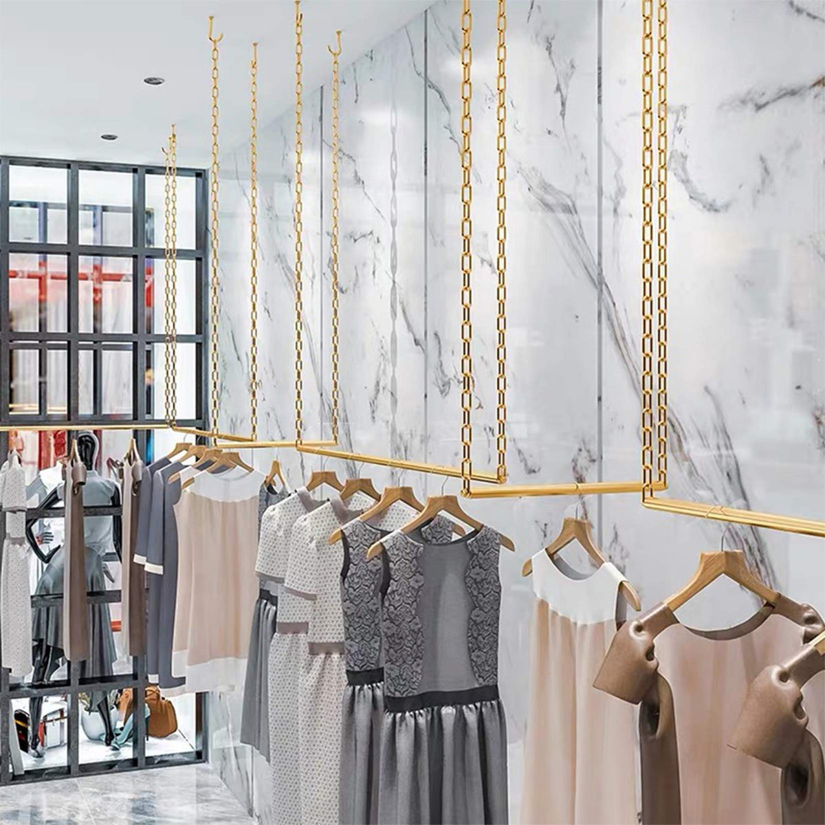 FURVOKIA 2 Pcs Creative Chain Adjustable Height Ceiling Hanging Clothing Racks,Retail Display Clothes Storage Pipe Shelf, Heavy 