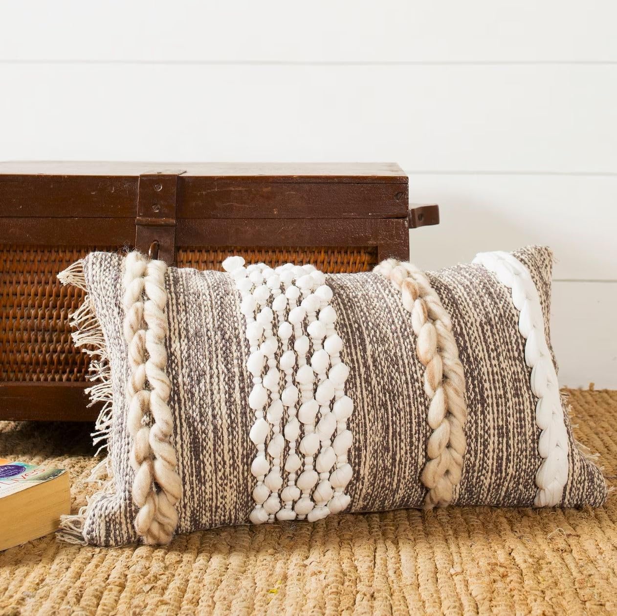 Cozydeko Boho Pillow Cover Brown 12   X20    Soft Moroccan Rustic Throw With Tufted Wool Accents, Plush Handwoven Cotton, Neutra