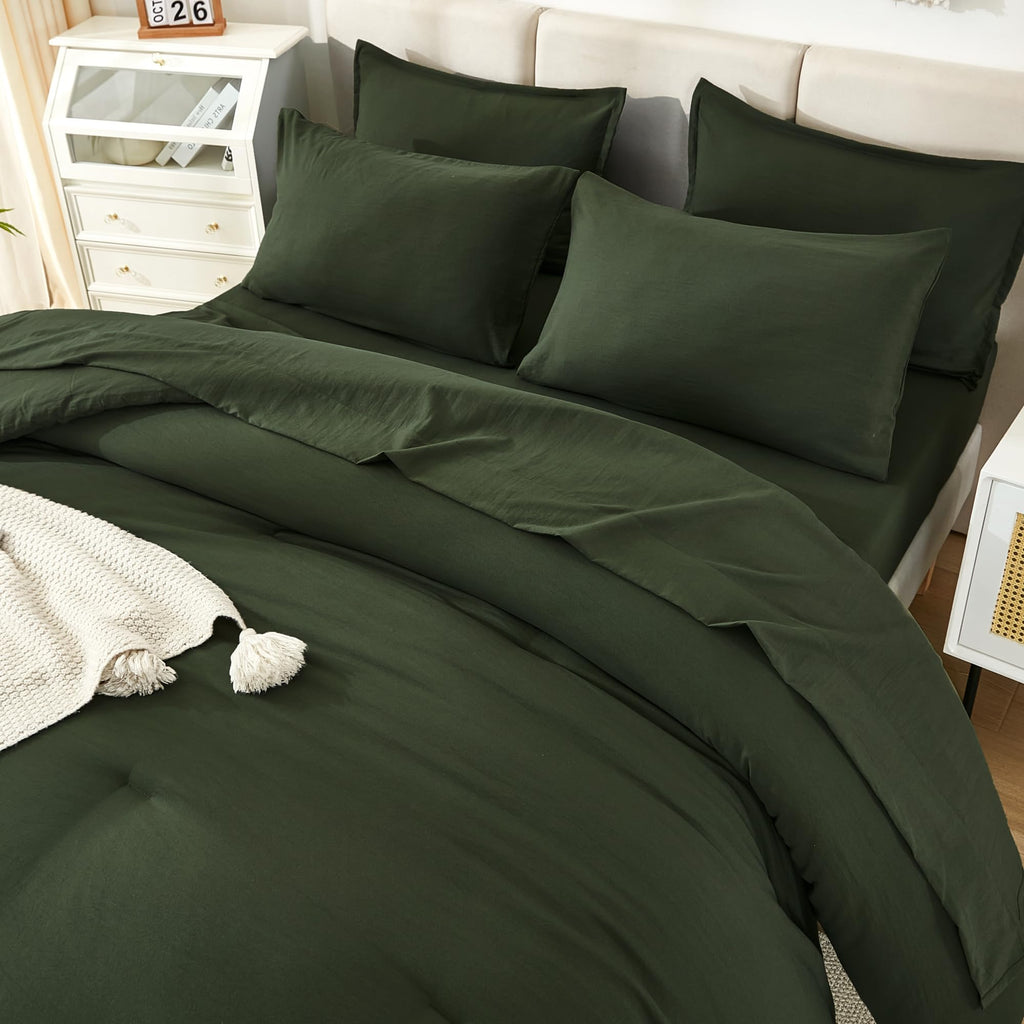 Litanika Comforter Full Size Set Olive Green - 7 Pieces Bed In A Bag Full Beddding Comforter Sets, Plain Lightweight Bed Set Wit