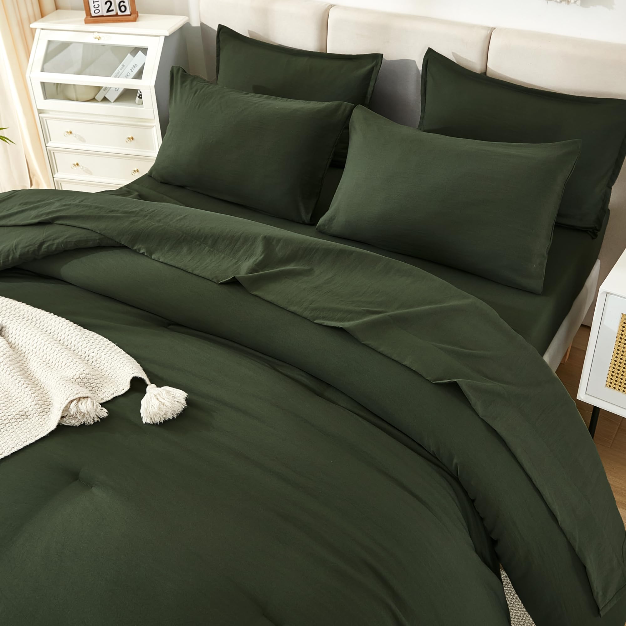 Litanika Dark Olive Green King Size Comforter Set - 7 Pieces Bed In A Bag King Beddding Comforter Sets, Plain Lightweight Bed Se