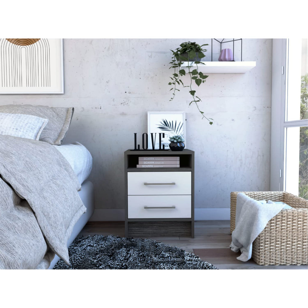 Nightstand 20" H, 2 Drawers, Superior Top, Metal Handles, Smokey Oak/White