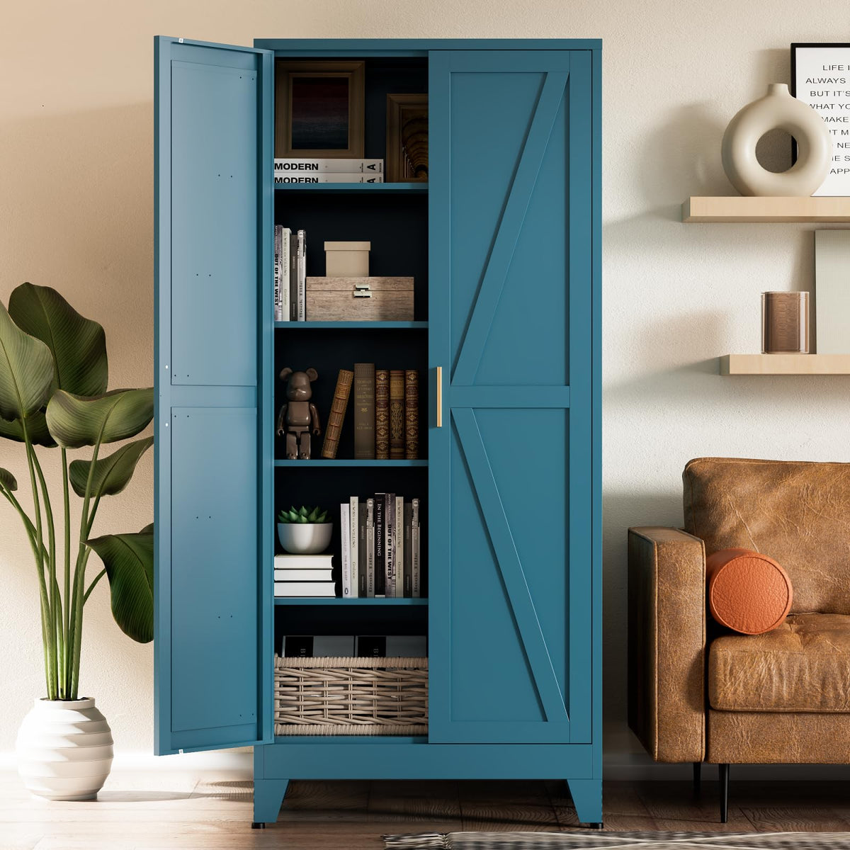 COFaR Home Farmhouse Storage Cabinet with Barn Door, Tall Kitchen Pantry Cupboard with Adjustable Shelves, for Dining Room, Bath