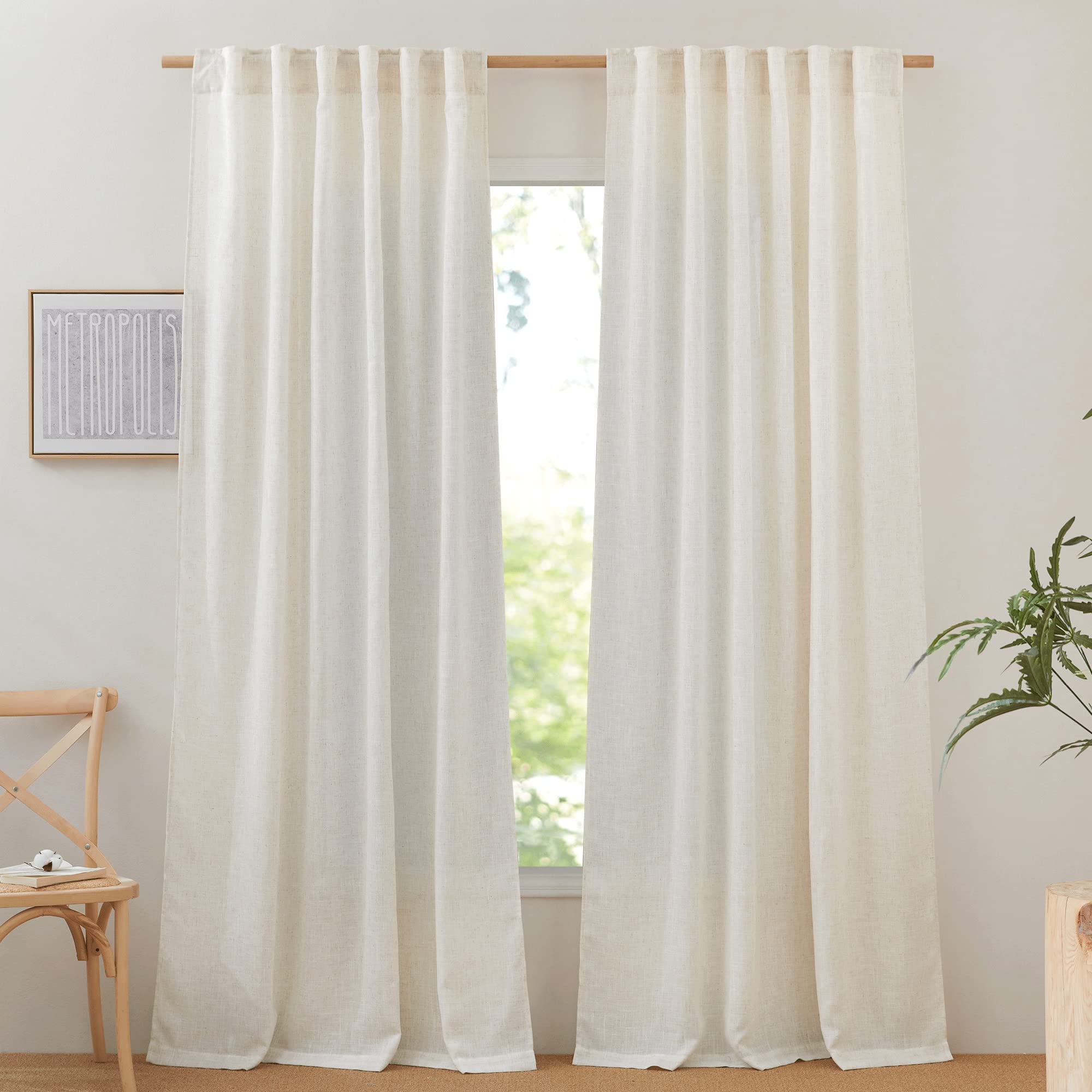 Nicetown Linen Curtains For Windows 90 Inch Long 2 Panels, Rod Pocket & Back Tab Semi Sheer Linen Blend Window Treatments Privac