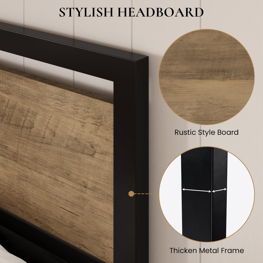 Sha Cerlin Queen Size Bed Frame With Modern Headboard, Heavy Duty Platform Metal Base With Square Footboard And 13 Strong Slats Support, No Box Spring Needed, Brown