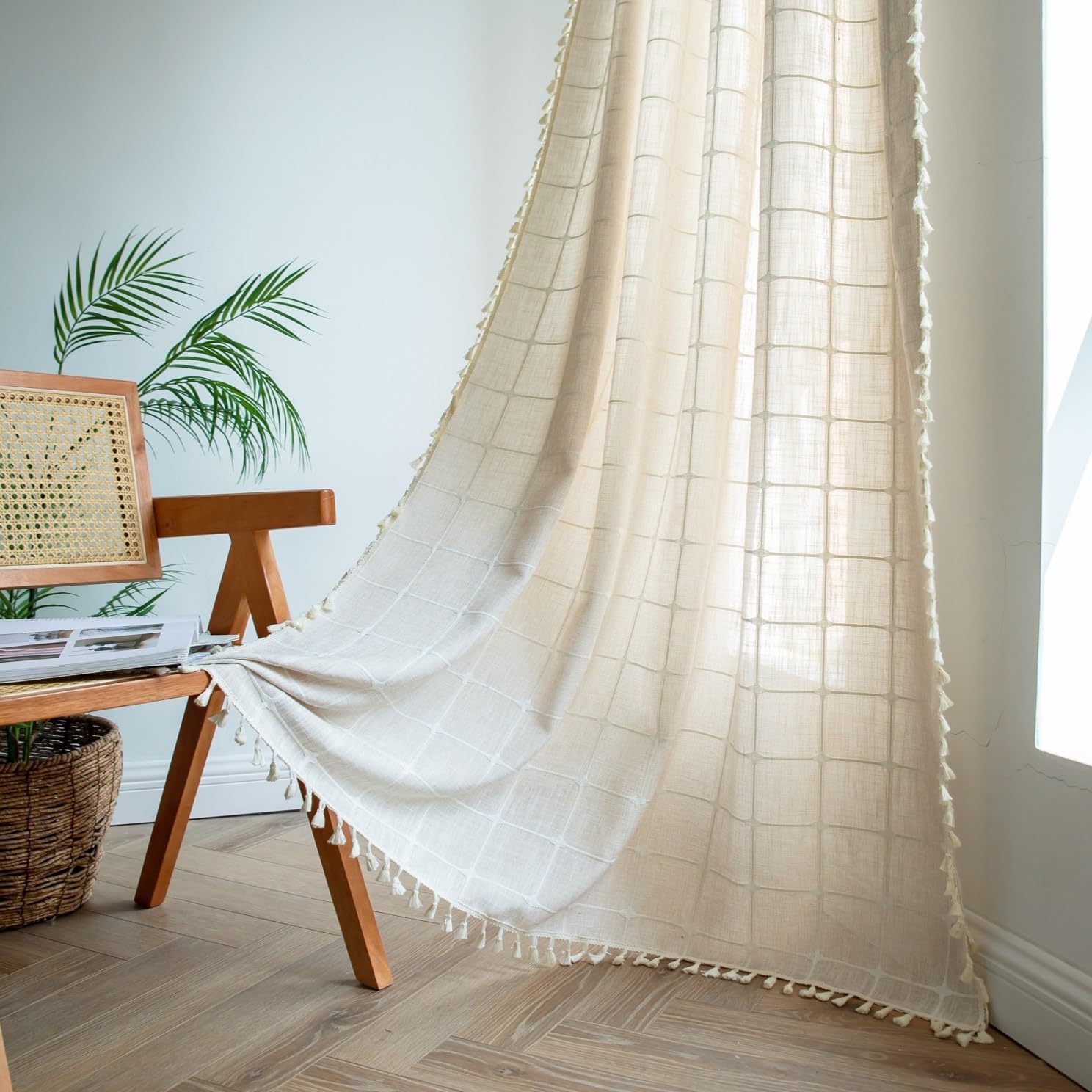 Sutuo Home Boho Curtains for Bedroom Dining Room 90 Inches Long, Beige Bohemian Farmhouse Vintage Chic Tassels Linen Semi Blacko