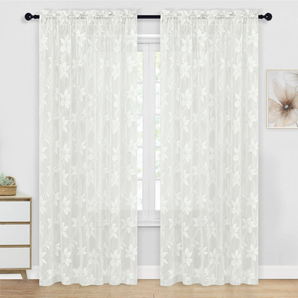 Dwcn Floral Lace Sheer Curtains - Extra Wide 84 Inch Long Floral Lace Design Rod Pocket Window Voile Sheer Drapes For Bedroom Li