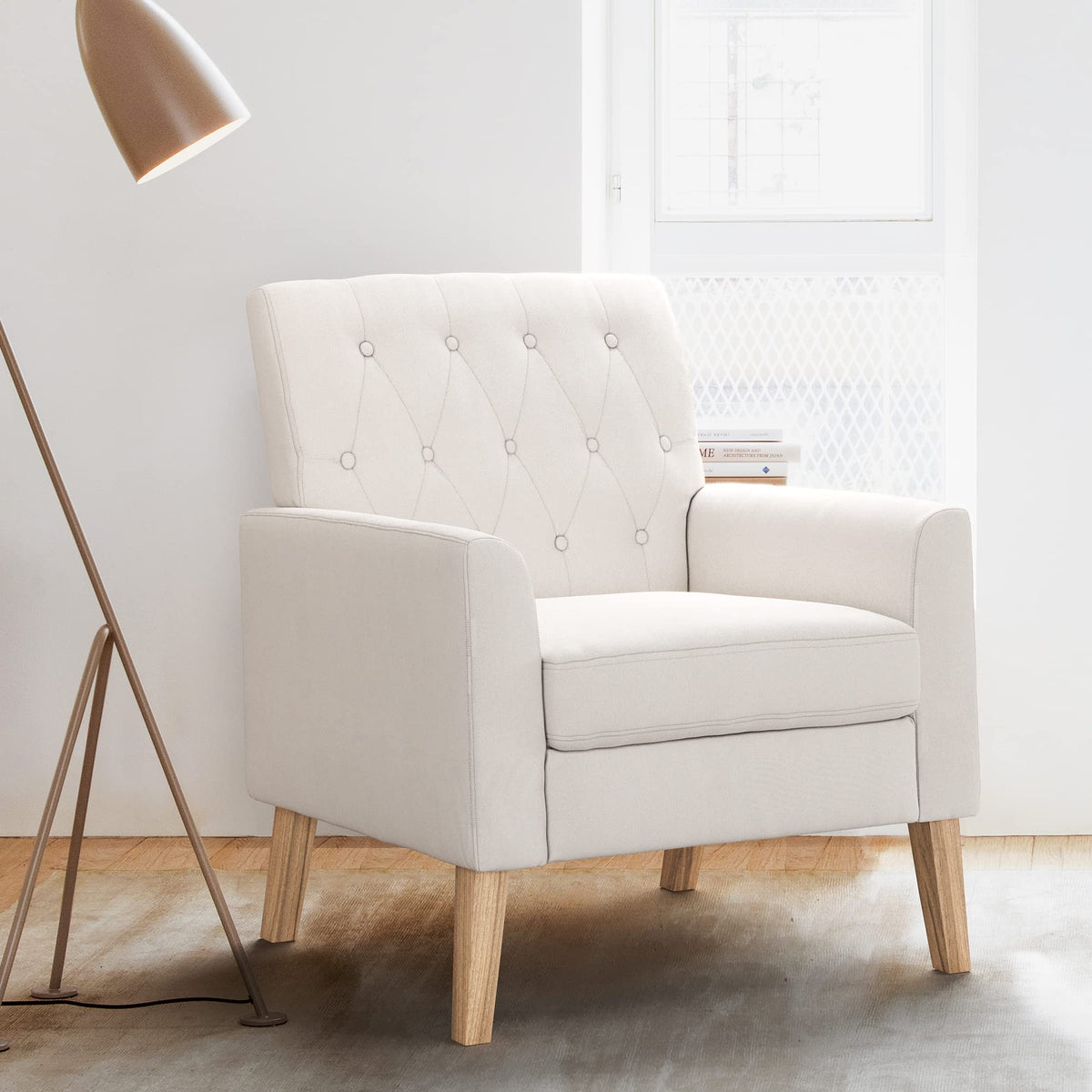 Lue Bona Linen Accent Chair 18.5' H, Button Tufted Armchair, Comfy Living Room Chair With Arms, Upholstered Modern Arm Chairs F