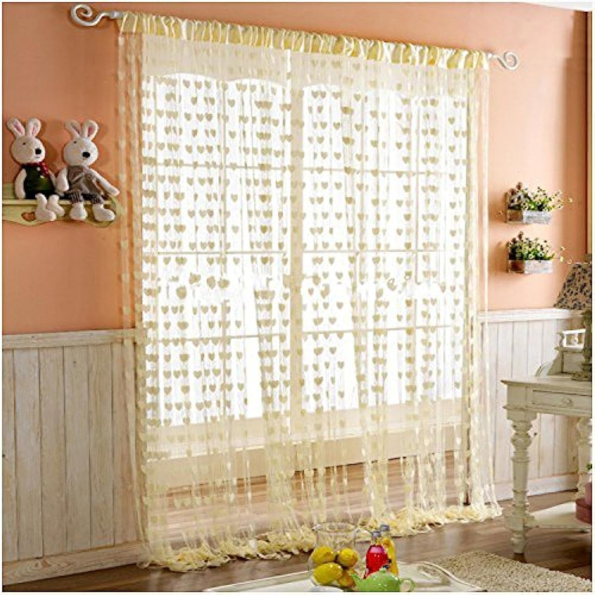 Pindia 6 feet 1 PC Cream String Net Heart Design Door Window Curtain
