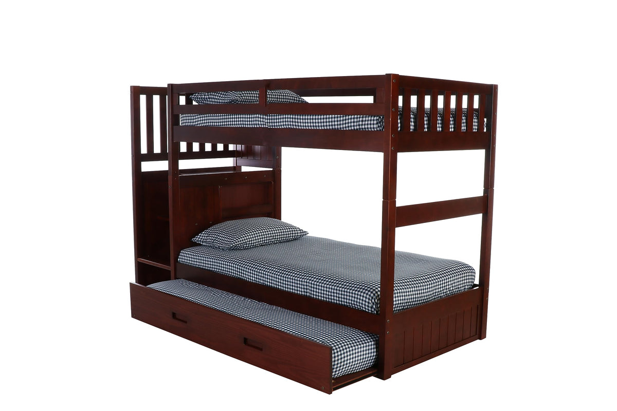 American Furniture Classics Bunk Solid Pine Mission Staircase Four Drawer Chest And Roll Out Twin Trundle Bed In Rich Merlot