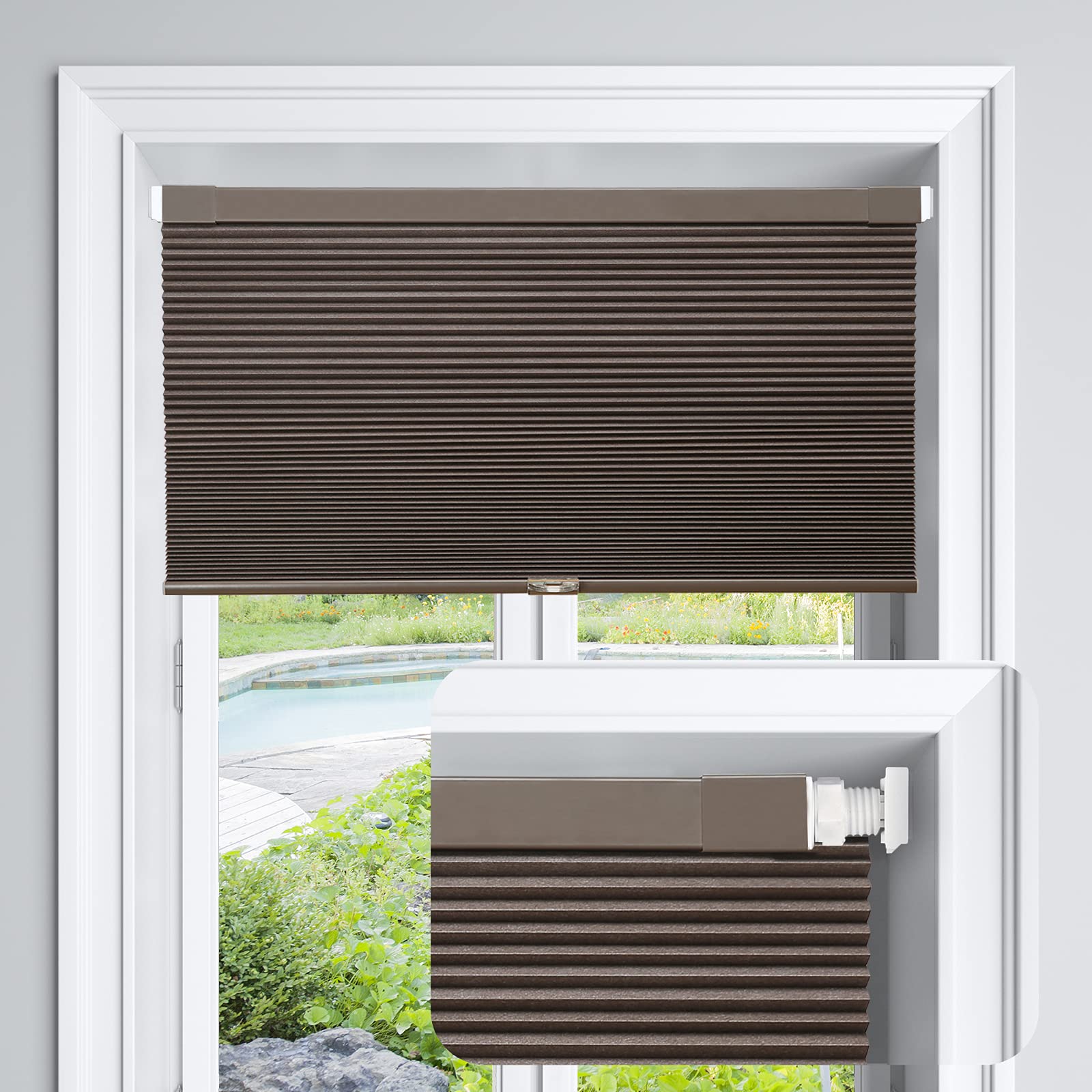 LazBlinds Cordless Cellular Shades, No Tools No Drill Blackout Honeycomb Shades Pleated Blinds for Windows, 20 W x 64 H, Dark Co