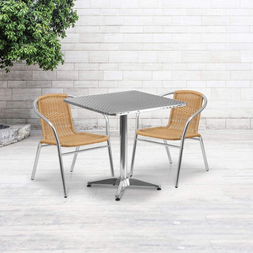 Flash Furniture 27.5'' Square Aluminum Indoor-Outdoor Table Set With 2 Beige Rattan Chairs