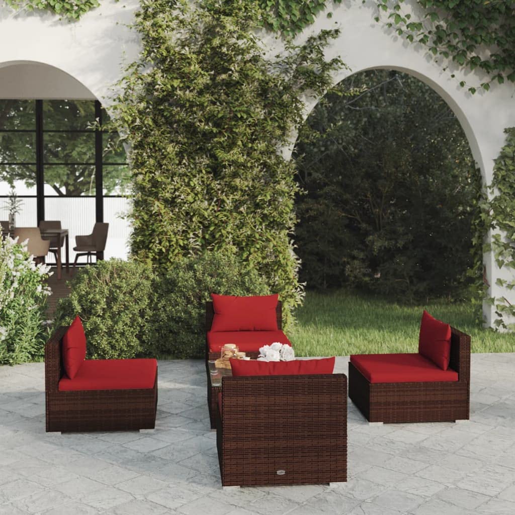 vidaXL 5-Piece Patio Lounge Set - Poly Rattan Outdoor Furniture with Comfortable Cushions and Modular Design, Brown