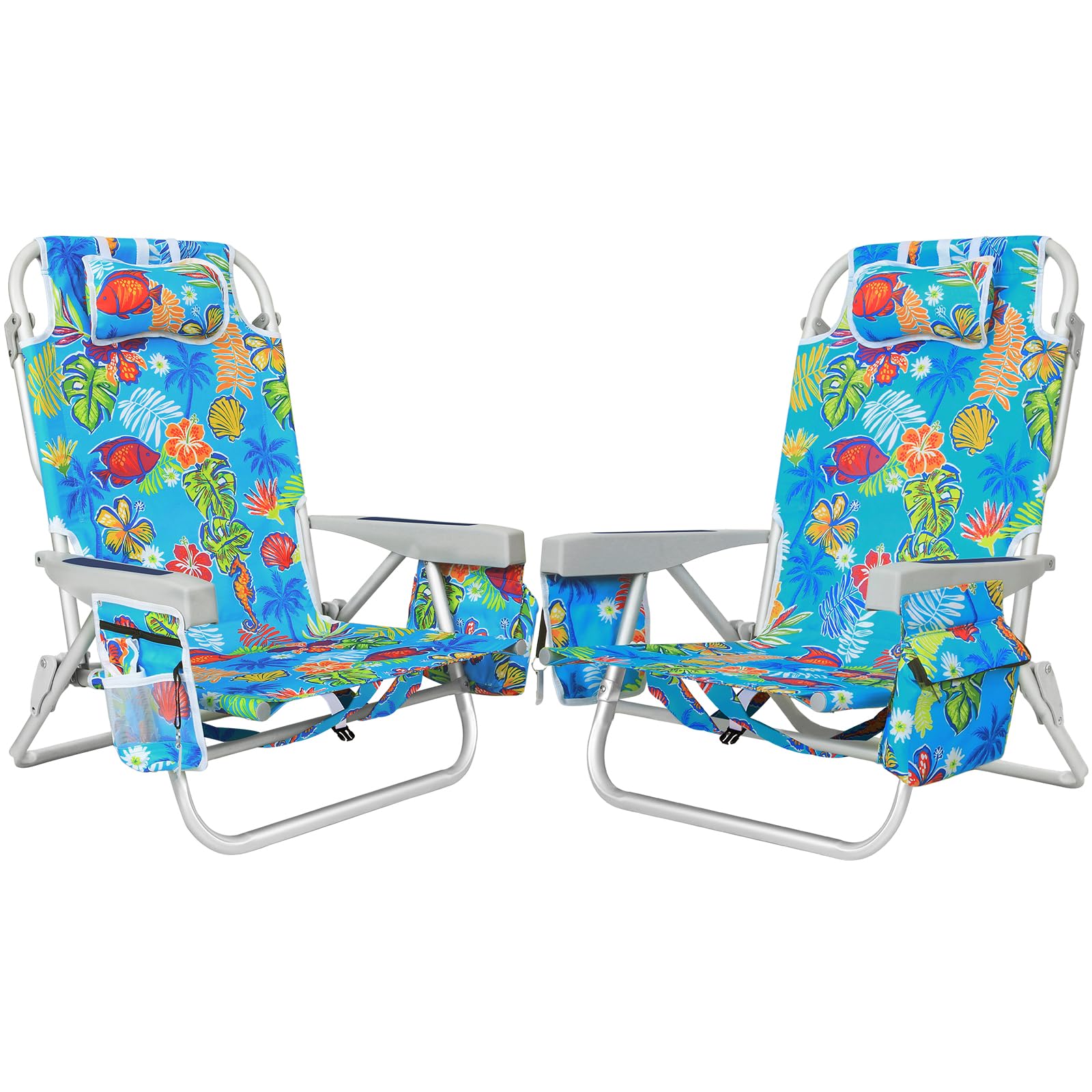 2Pk Aluminum Extra Wide 5-Position Lay Flat Folding Backpack Beach Chairs for Adults, with Cooler Bag, Cup&Phone Holder, Towel B