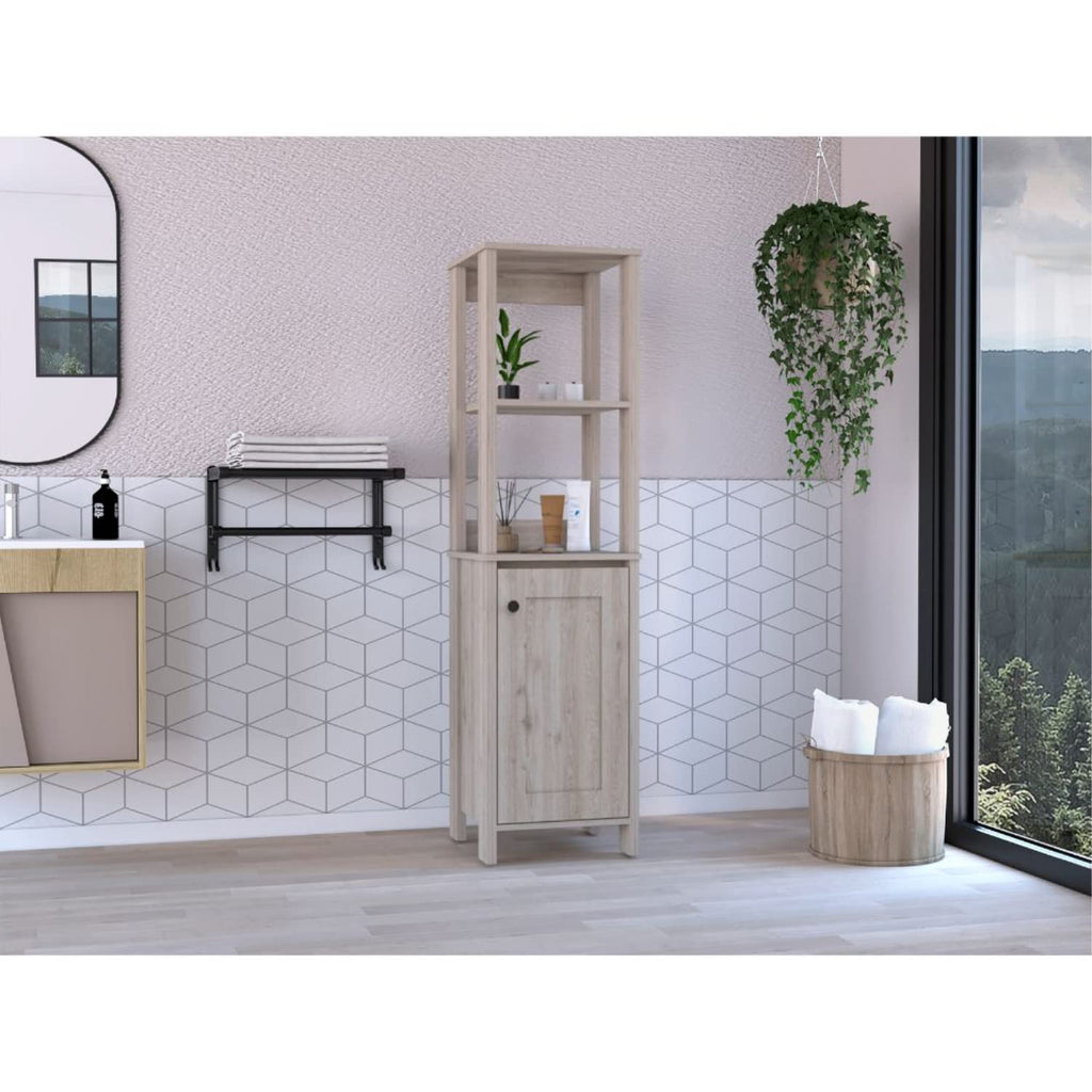 Linen Single Door Cabinet 59.3H, 2 Interior Shelves, 2 Open Shelves, Light Gray