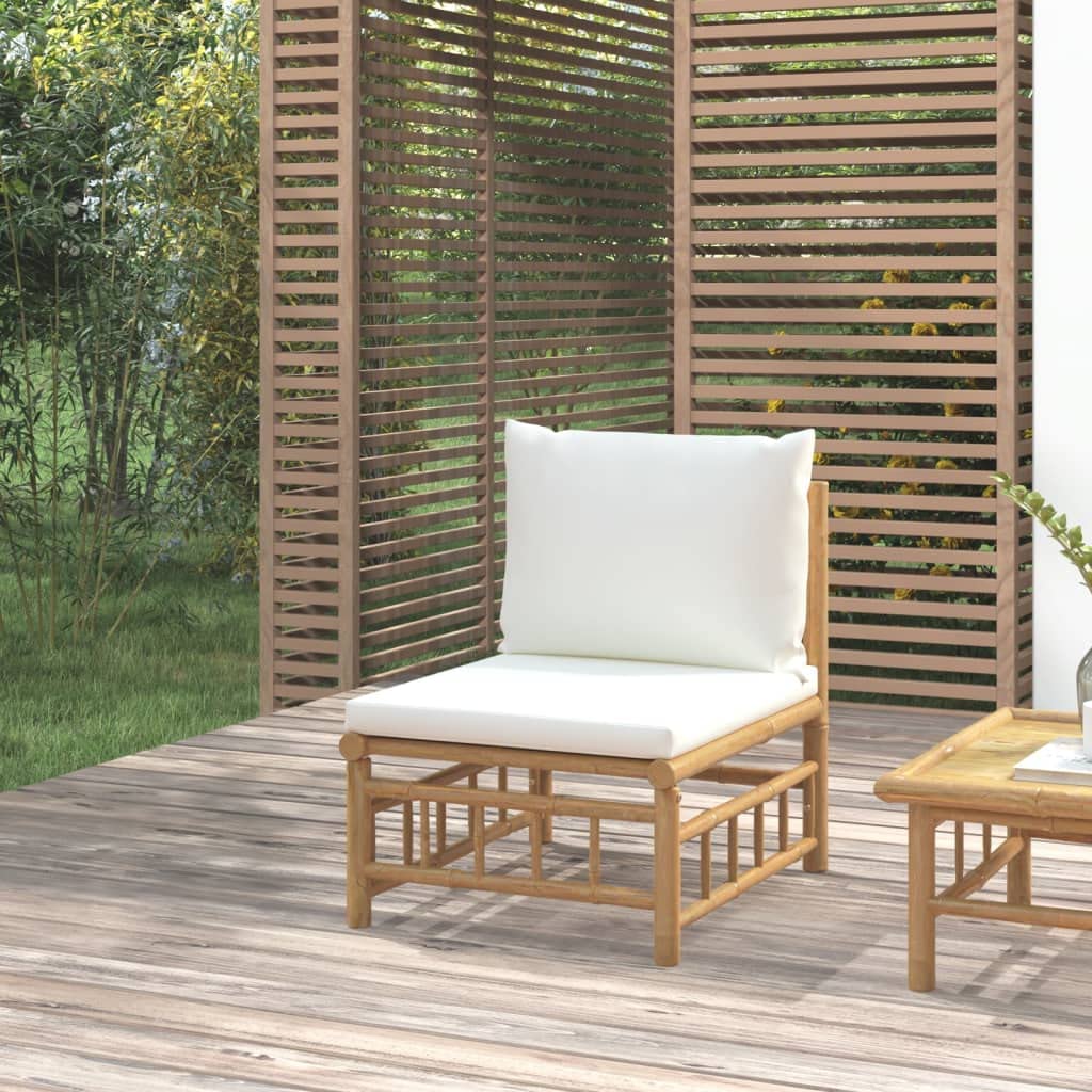 vidaXL Bamboo Patio Middle Sofa with Cream White Cushions - Comfortable and Durable Outdoor Seating Solution for Garden, Backyard and Patio
