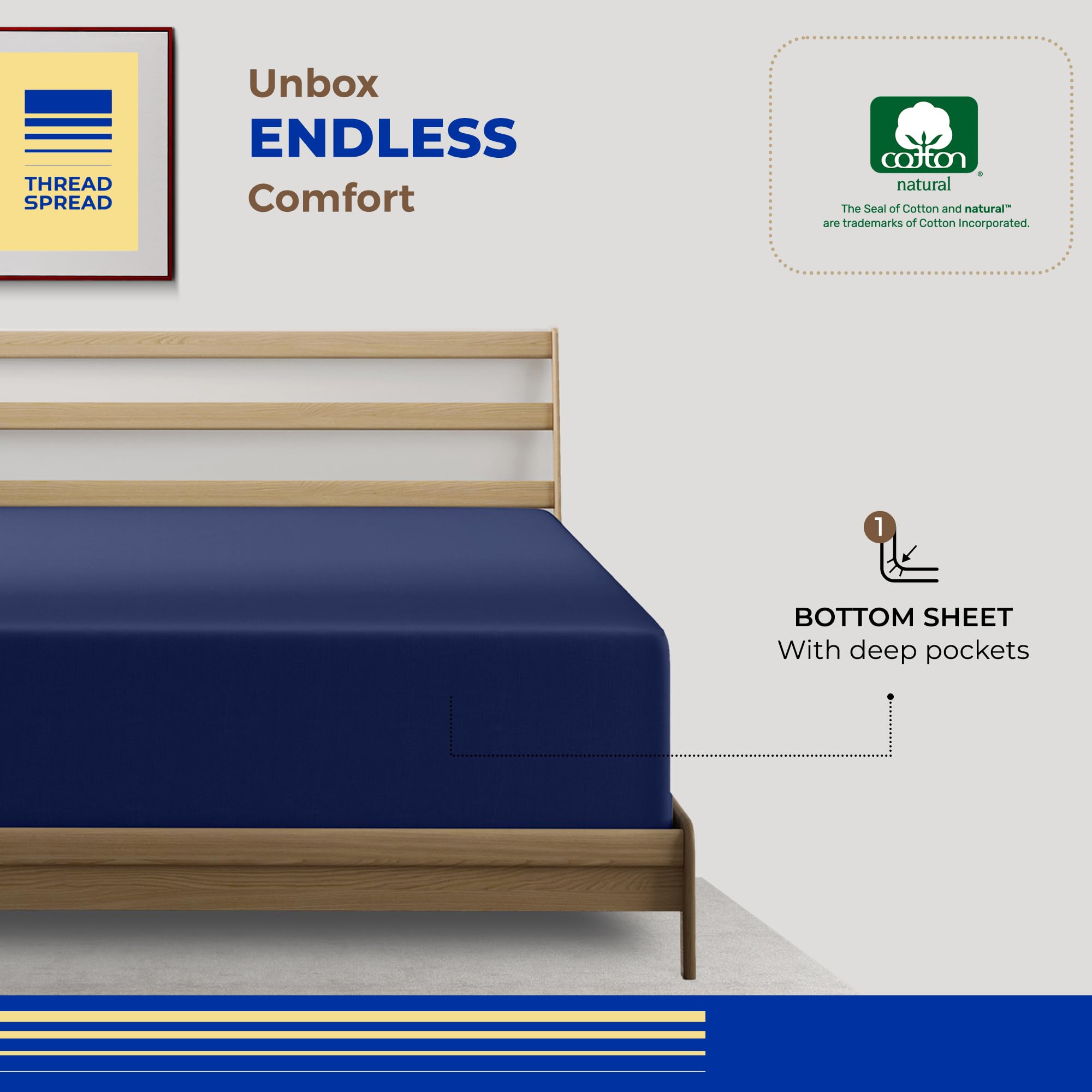 Thread Spread Luxury Egyptian Cotton King Fitted Sheet Only - 1000-Thread-Count King Size Fitted Sheet, Soft, Cooling, Sateen Weave Hotel Quality Bottom, Fits Upto 18' Deep Pocket Mattress - Navy Blue