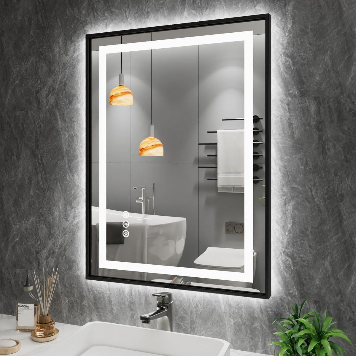 Amorho 24''x 32'' LED Bathroom Mirror with Black Frame, Front Light and Backlit, Stepless Dimmable, Anti-Fog, Shatter-Proof, Mem