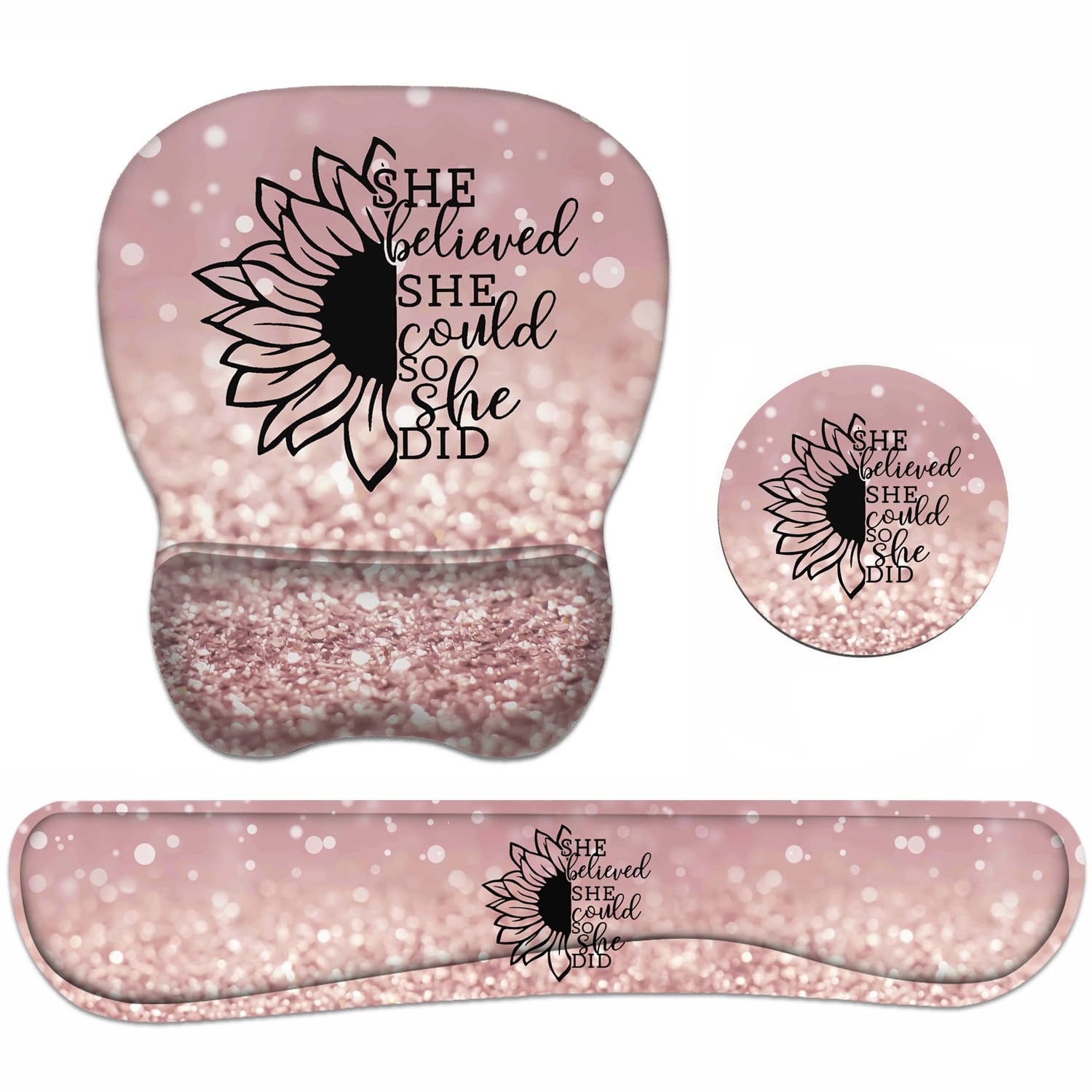 Mouse Pad Wrist Support And Keyboard Wrist Rest Set With Coasters, She Believed She Could So She Did Inspirational Quote With No