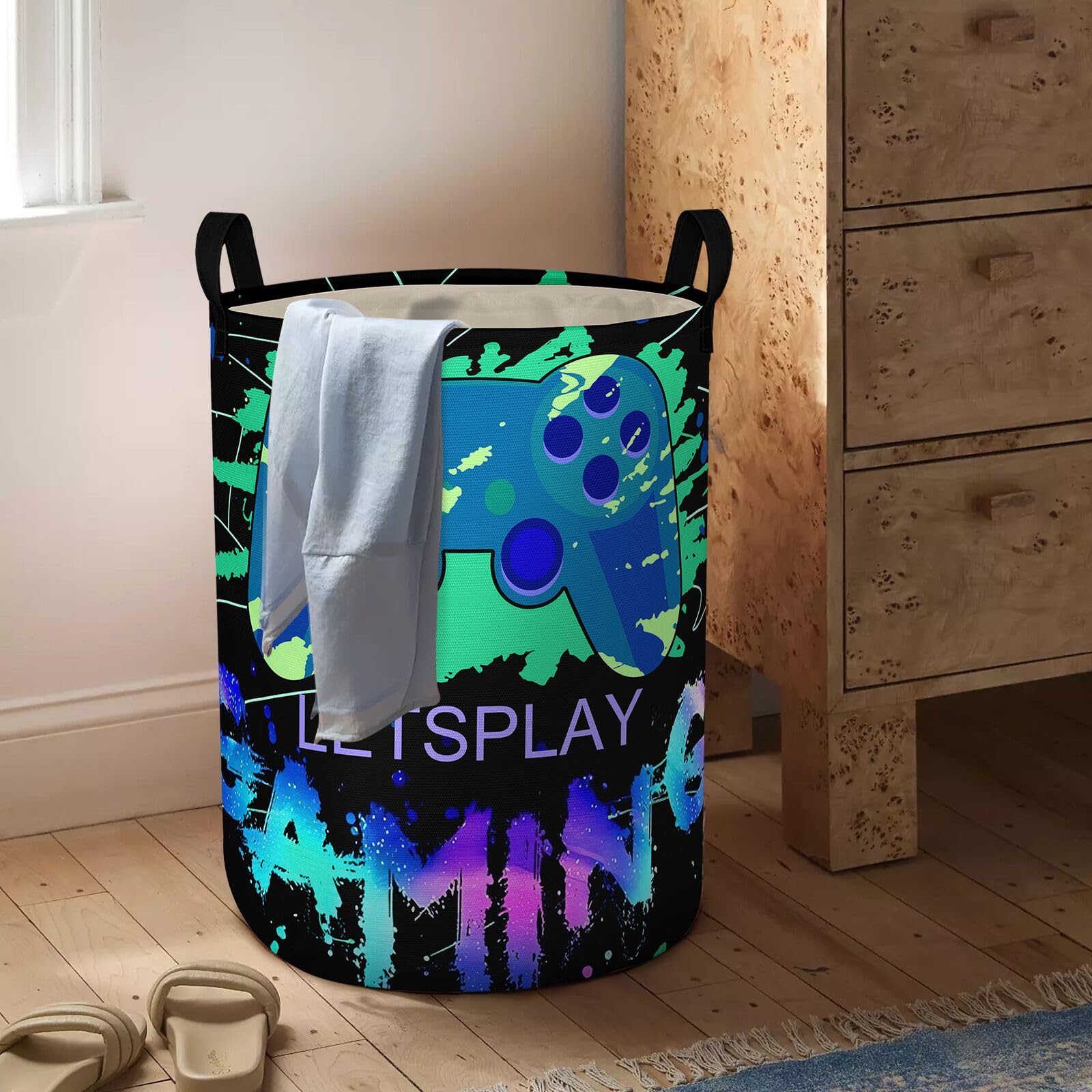 Gaming Laundry Basket with Lining Foldable Kids Laundry Hamper Light weight Clothes Storage Basket Gamepad Waterproof Room Toy O