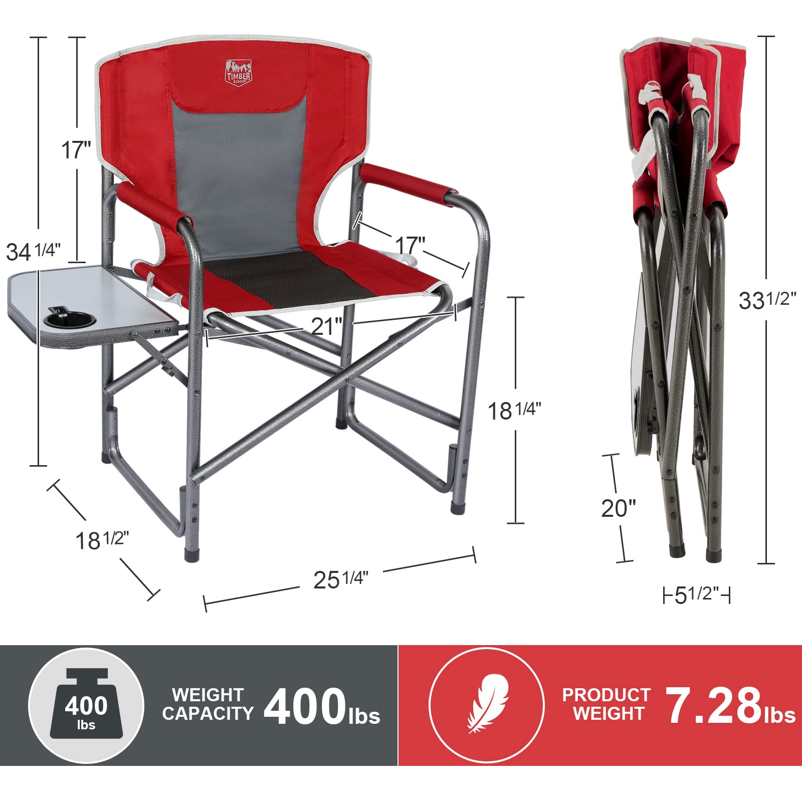 Timber Ridge Lightweight Oversized Camping Chair, Portable Aluminum Directors Chair With Side Table For Outdoor Camping, Lawn, Picnic And Fishing, Supports 400Lbs (Red) Ideal