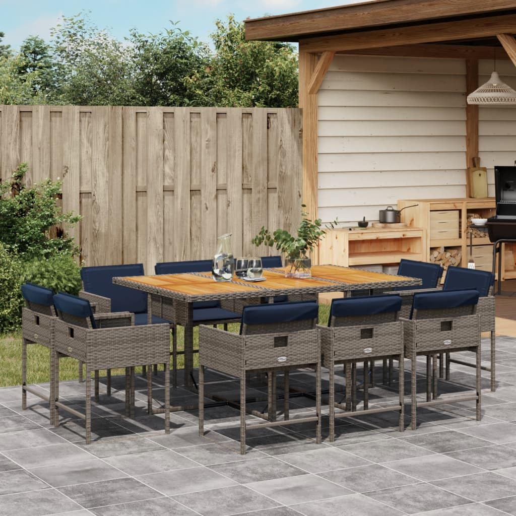 vidaXL 11-Piece Patio Dining Set - Gray Poly Rattan, Navy Cushions, Foldable Chairs, Acacia Wood Table for Garden, Backyard, Outdoor