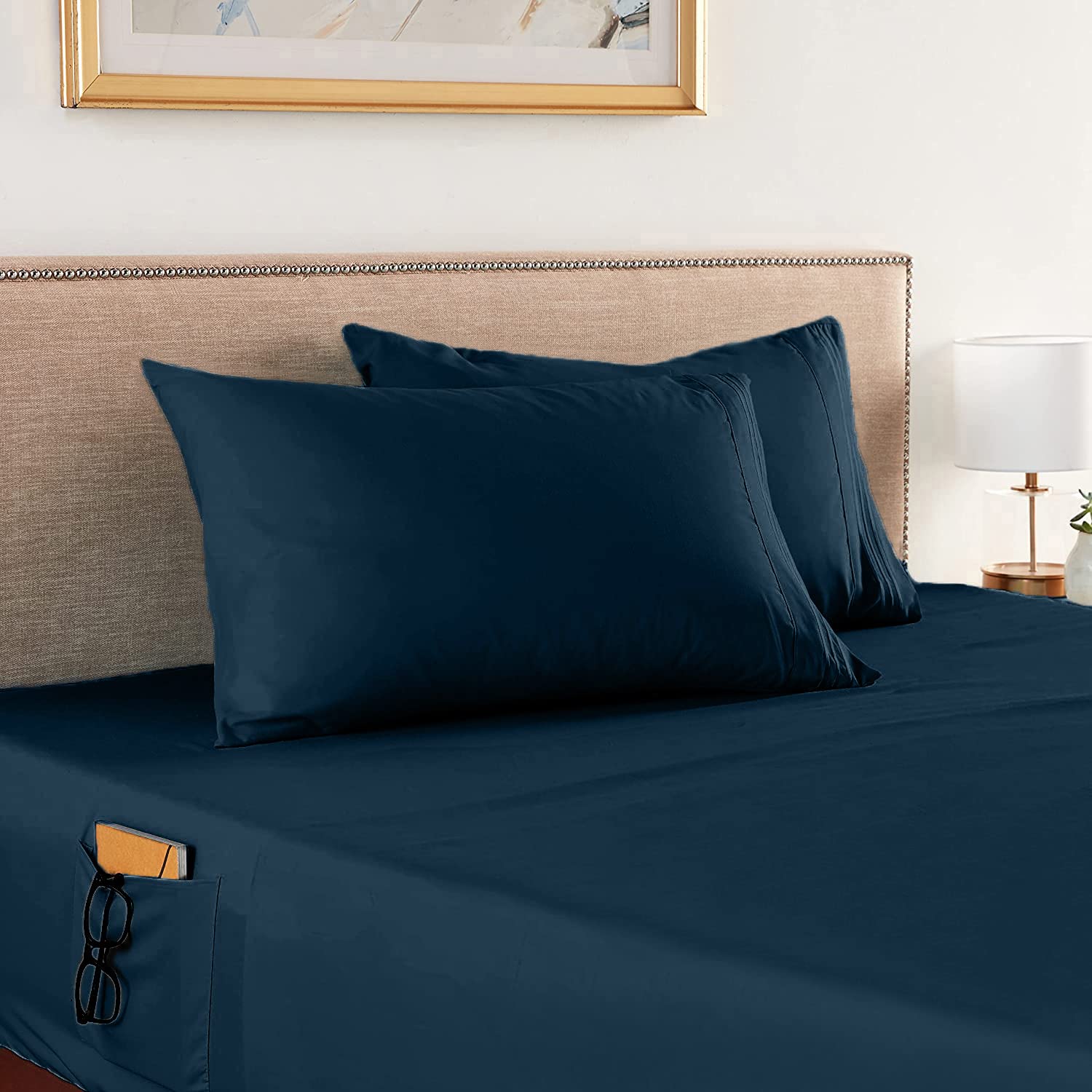 Elegant Comfort 4-Piece Solid Smart Sheet Set-Deep Pocket Fitted Sheet With Side Storage Pockets-Silky Soft 1500 Thread Count Eg